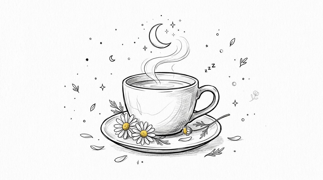 A delicate pencil sketch of a teacup with steam rising towards a crescent moon and stars.