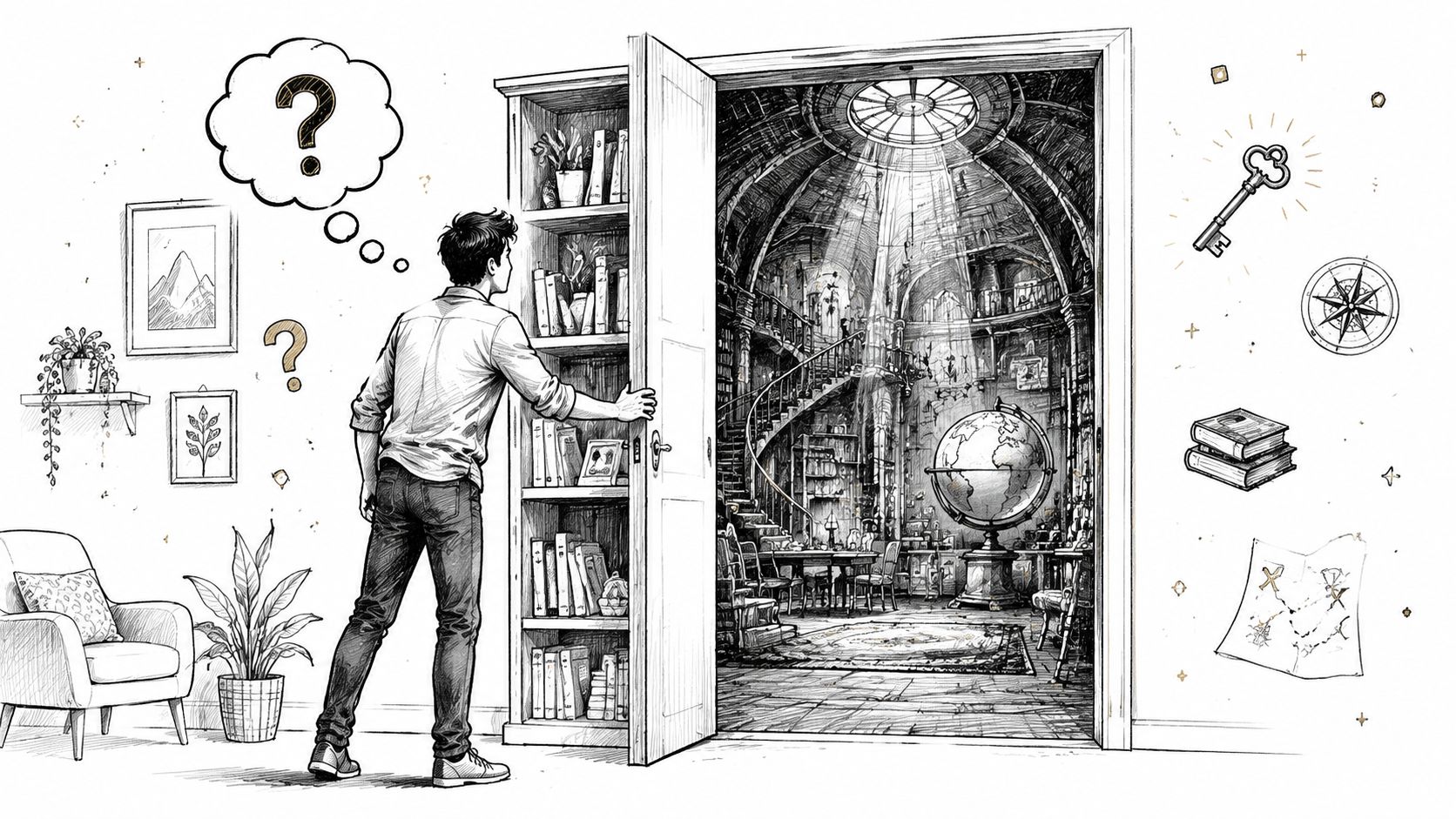 A man opens a mysterious bookshelf door revealing a magical library with a large globe inside.