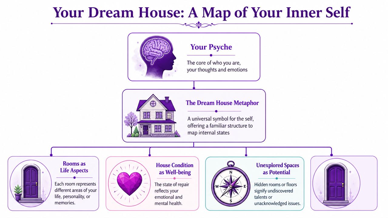 A diagram illustrating the Dream House metaphor, mapping different parts of a house to aspects of self-discovery.
