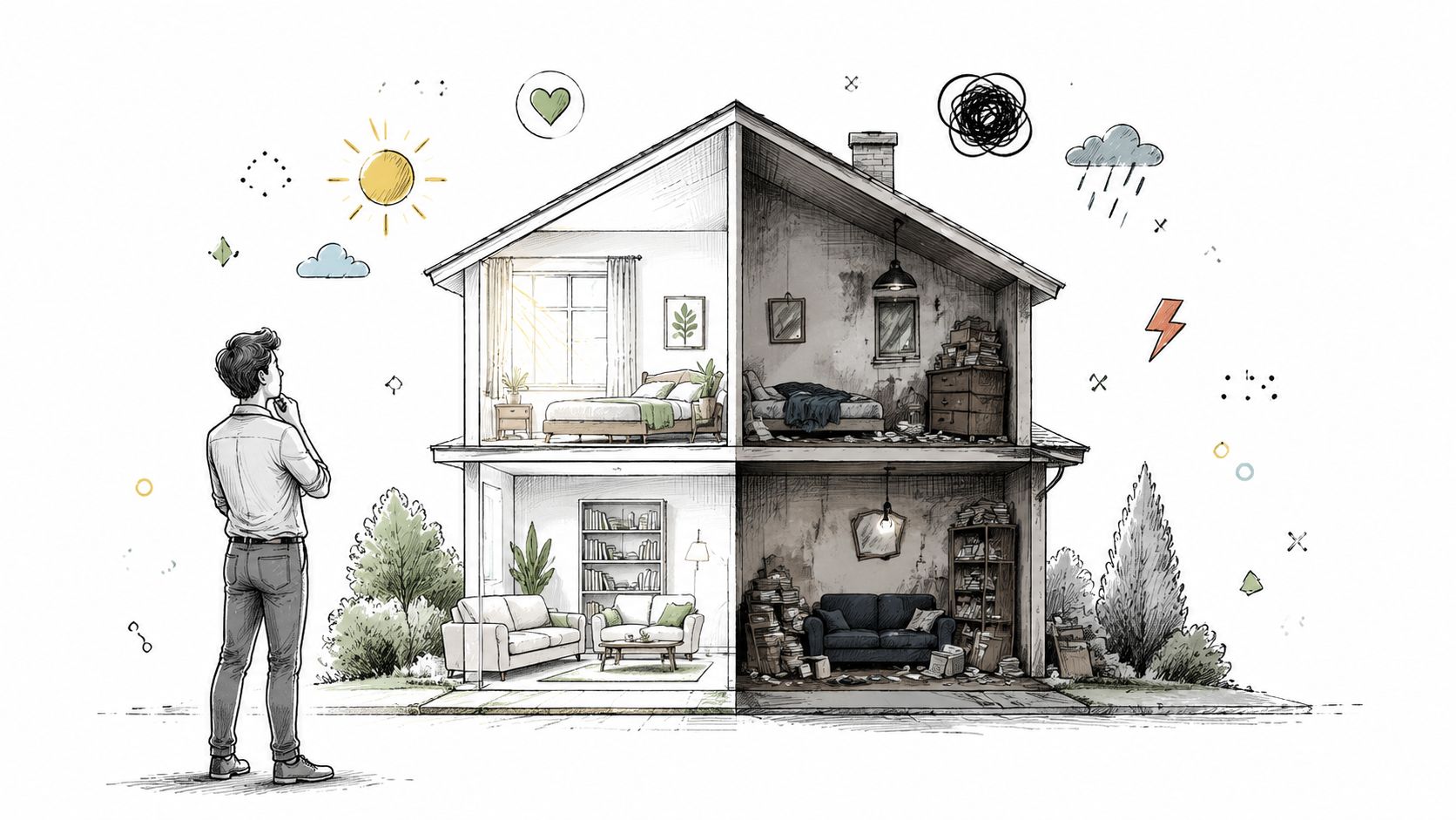 A man standing before a split house illustration contrasting clean, sunny living and cluttered, dark rooms.