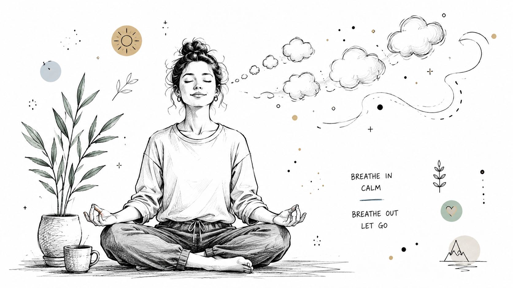 A sketched illustration of a woman meditating peacefully next to a potted plant and a tea cup.