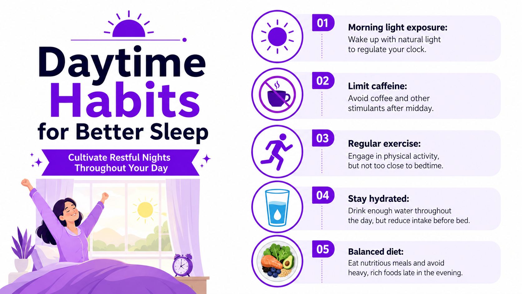 An infographic detailing five daily habits to help improve sleep quality, including light, diet, and exercise.