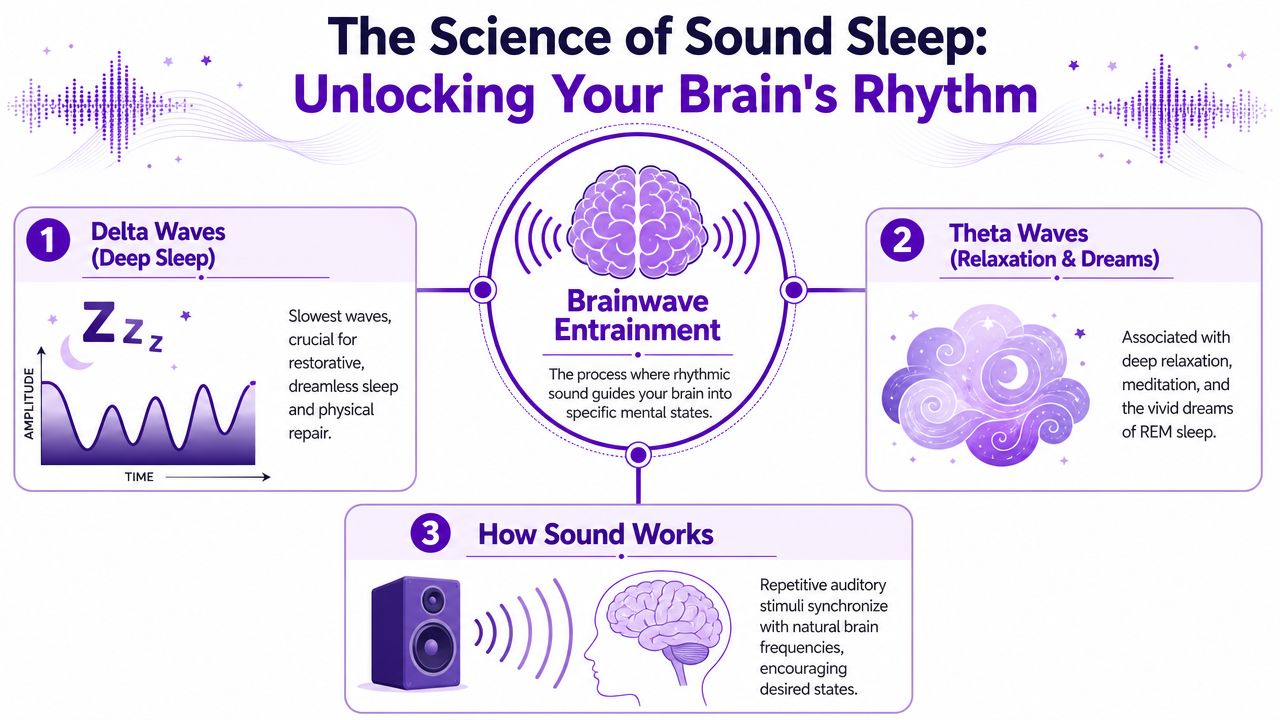 An infographic explaining how brainwave entrainment through rhythmic sound facilitates deep sleep and relaxation.