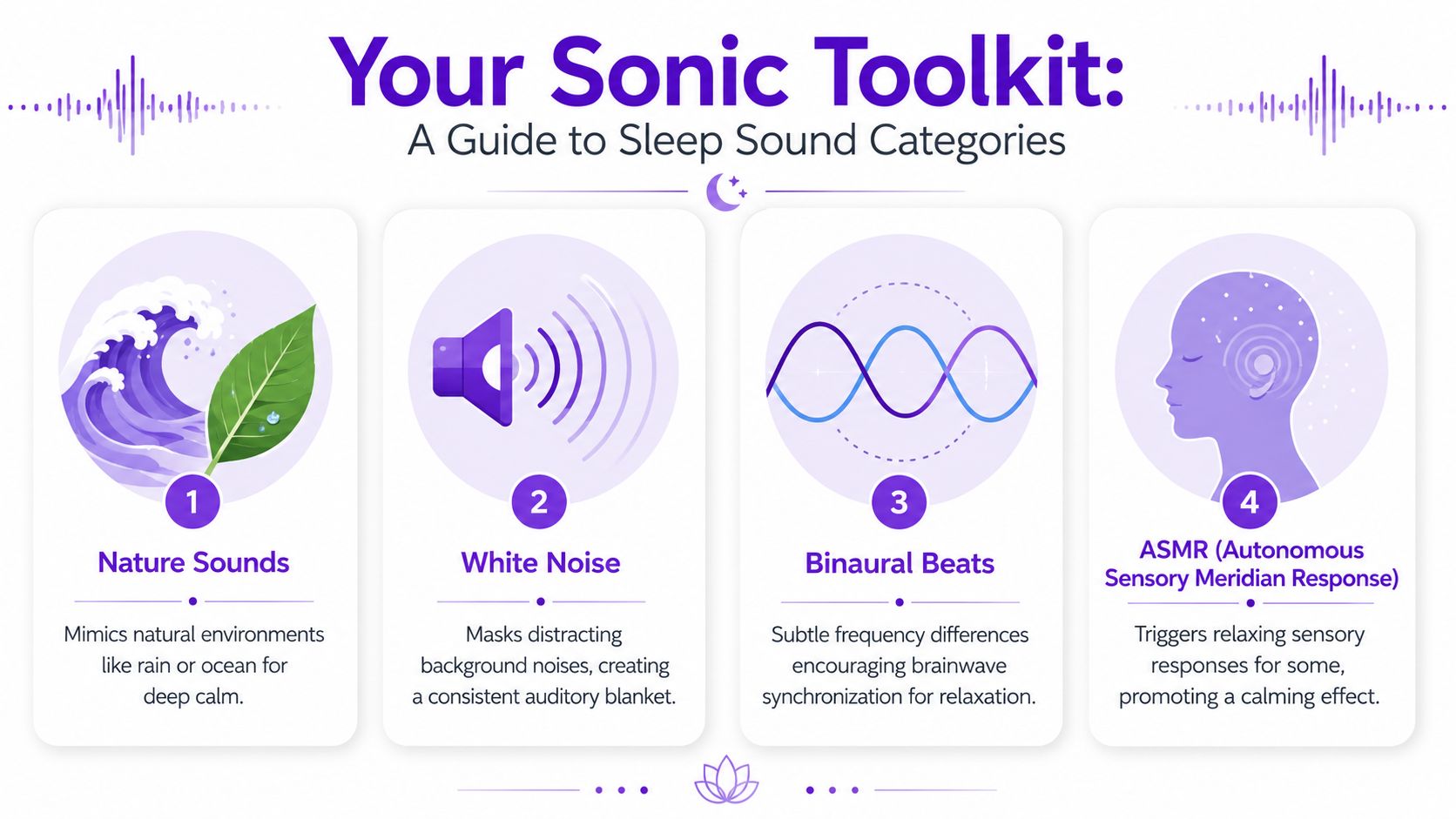 An infographic titled Your Sonic Toolkit outlining four types of sounds for sleep: nature, white noise, binaural beats, and ASMR.