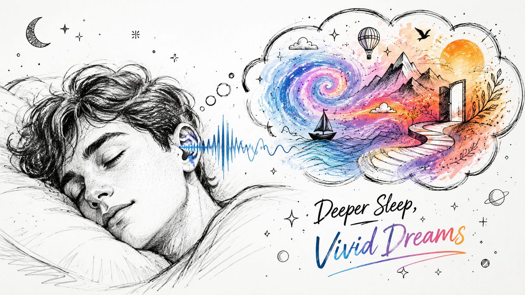 A person sleeping soundly while listening to audio waves that transform into a colorful dreamscape illustration.