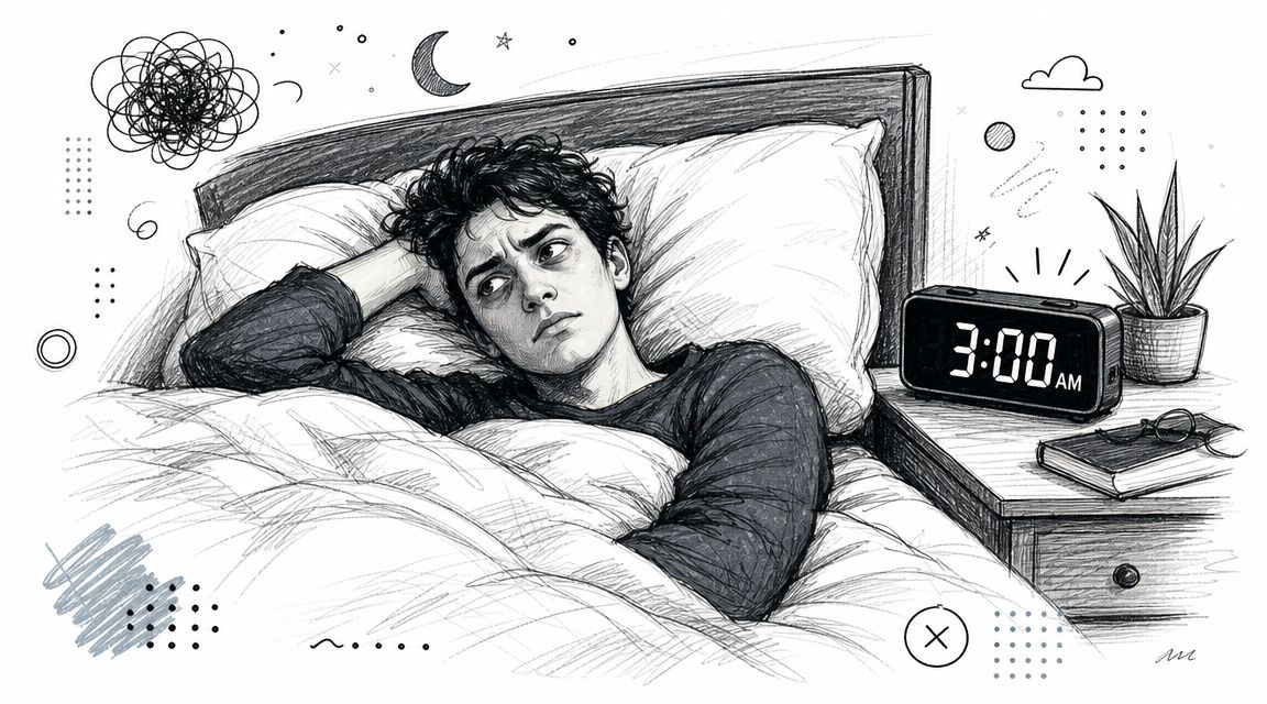 A distressed person lying in bed staring at a digital clock showing 3 AM, illustrating insomnia symptoms.
