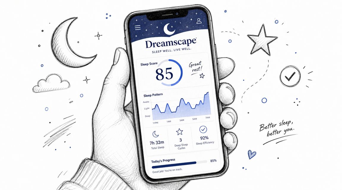A hand holding a smartphone displaying the Dreamscape sleep tracking app with a score of 85.