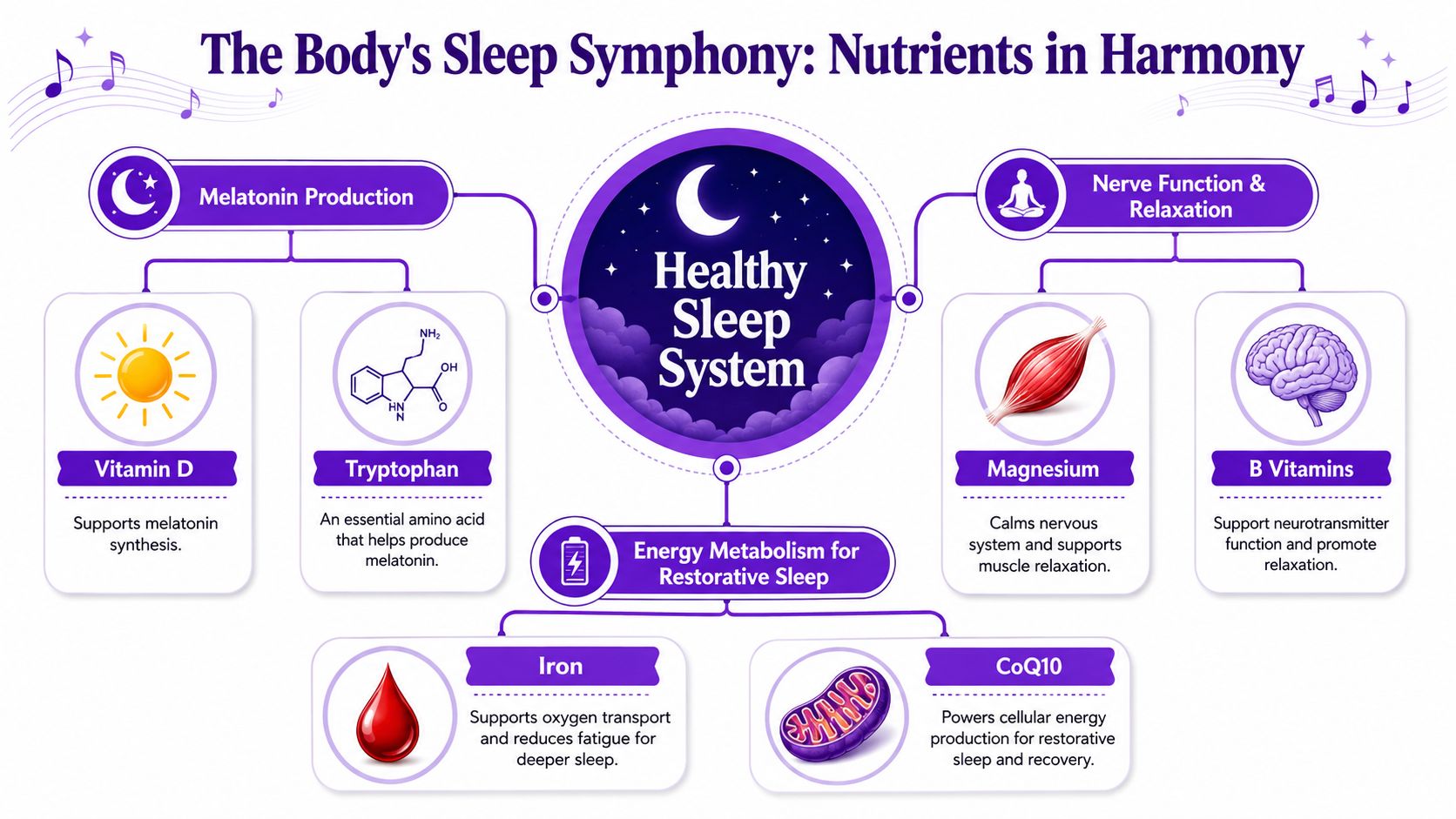 A diagram illustrating how various nutrients like vitamin D, tryptophan, magnesium, and iron support a healthy sleep system.