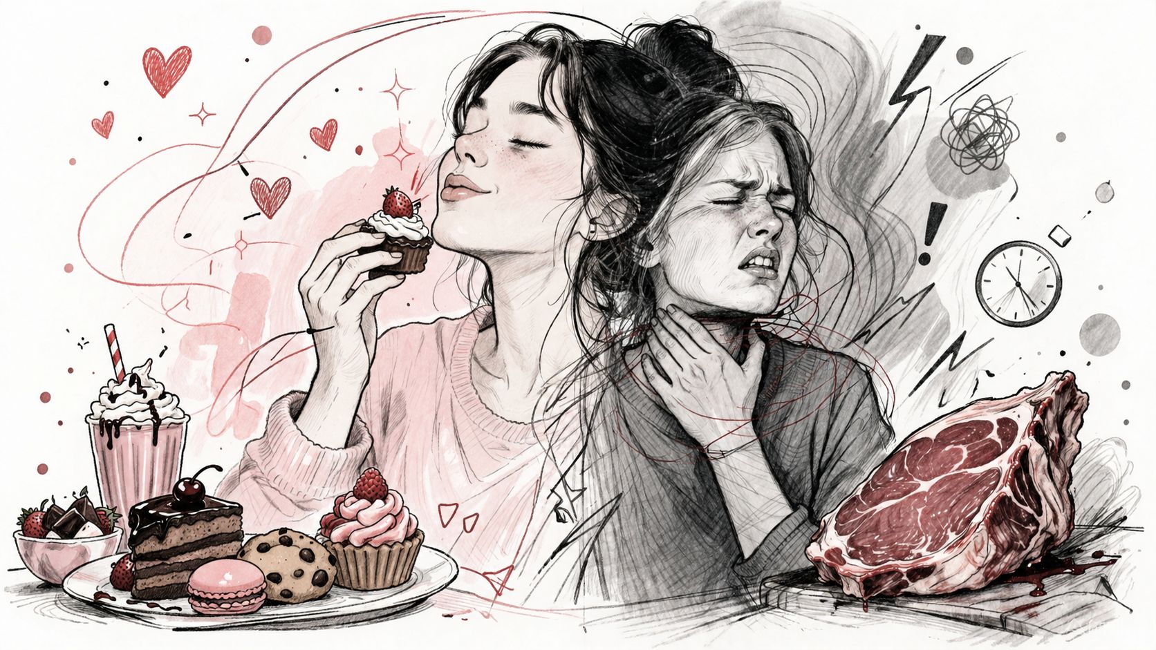 A split image showing a woman happily eating sweets versus a woman feeling ill after eating meat.