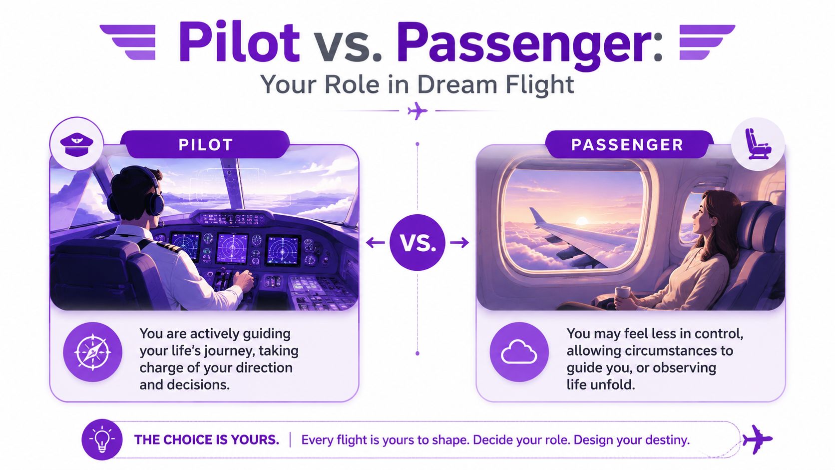 A graphic comparing a pilot controlling a plane to a passenger looking out a window during flight.