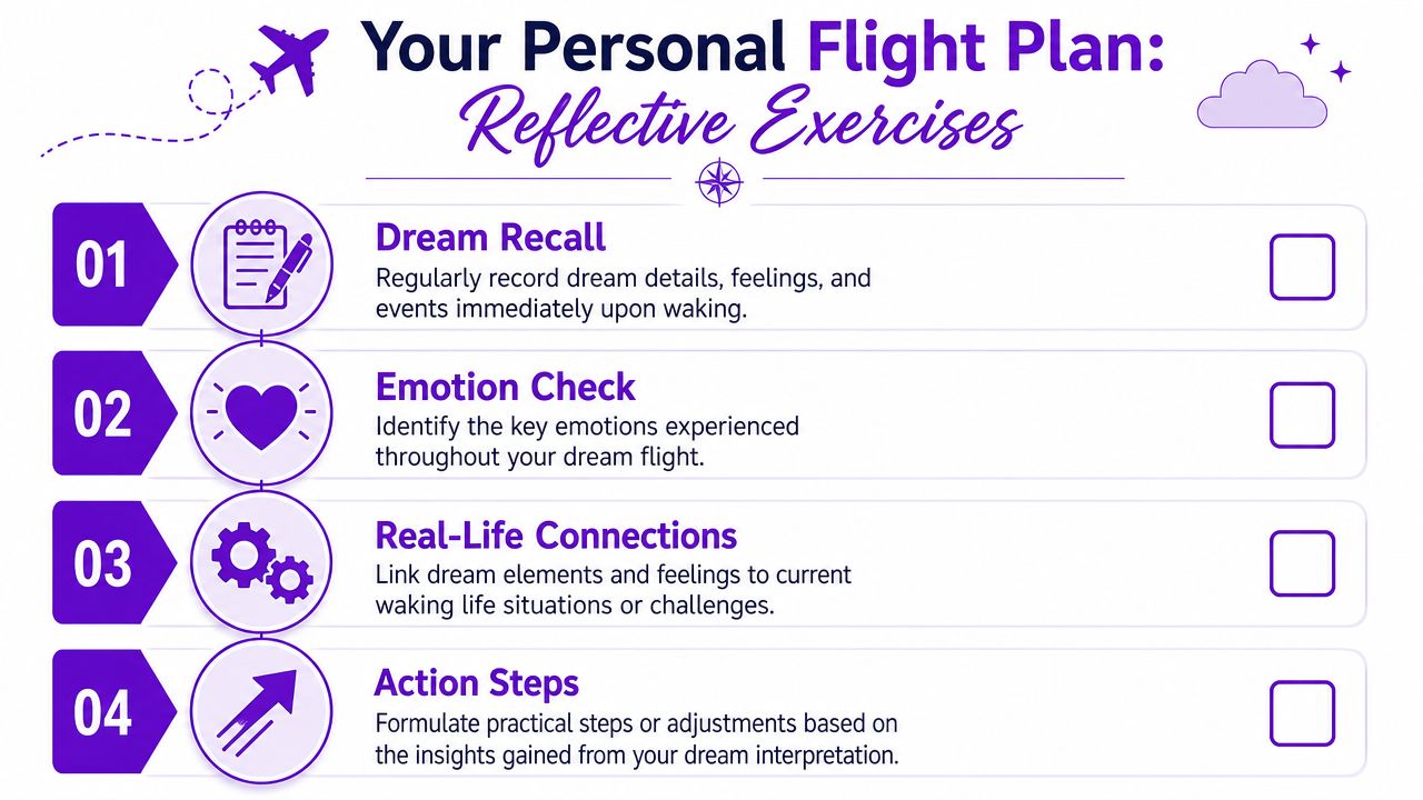 A structured personal flight plan infographic listing four reflective exercises for analyzing dreams and life connections.