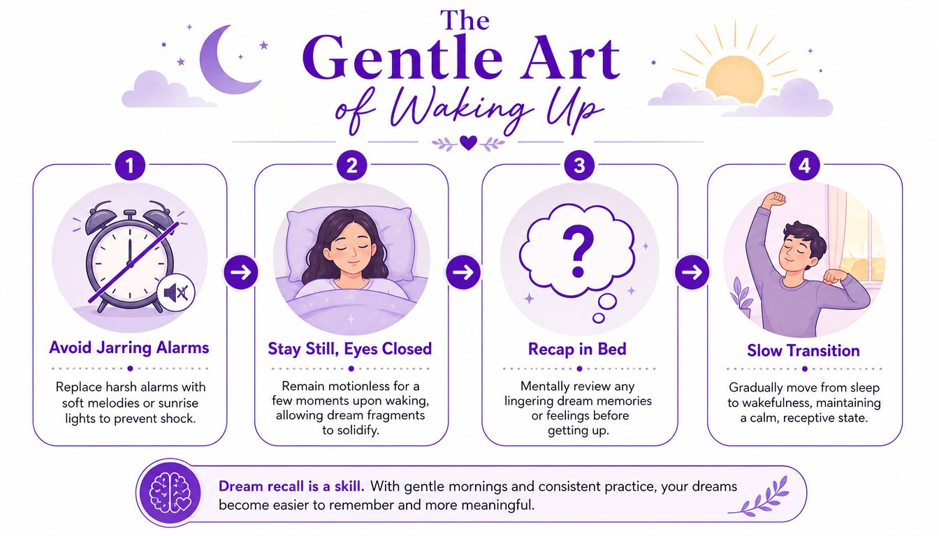 An infographic titled The Gentle Art of Waking Up illustrating four steps to improve dream recall.