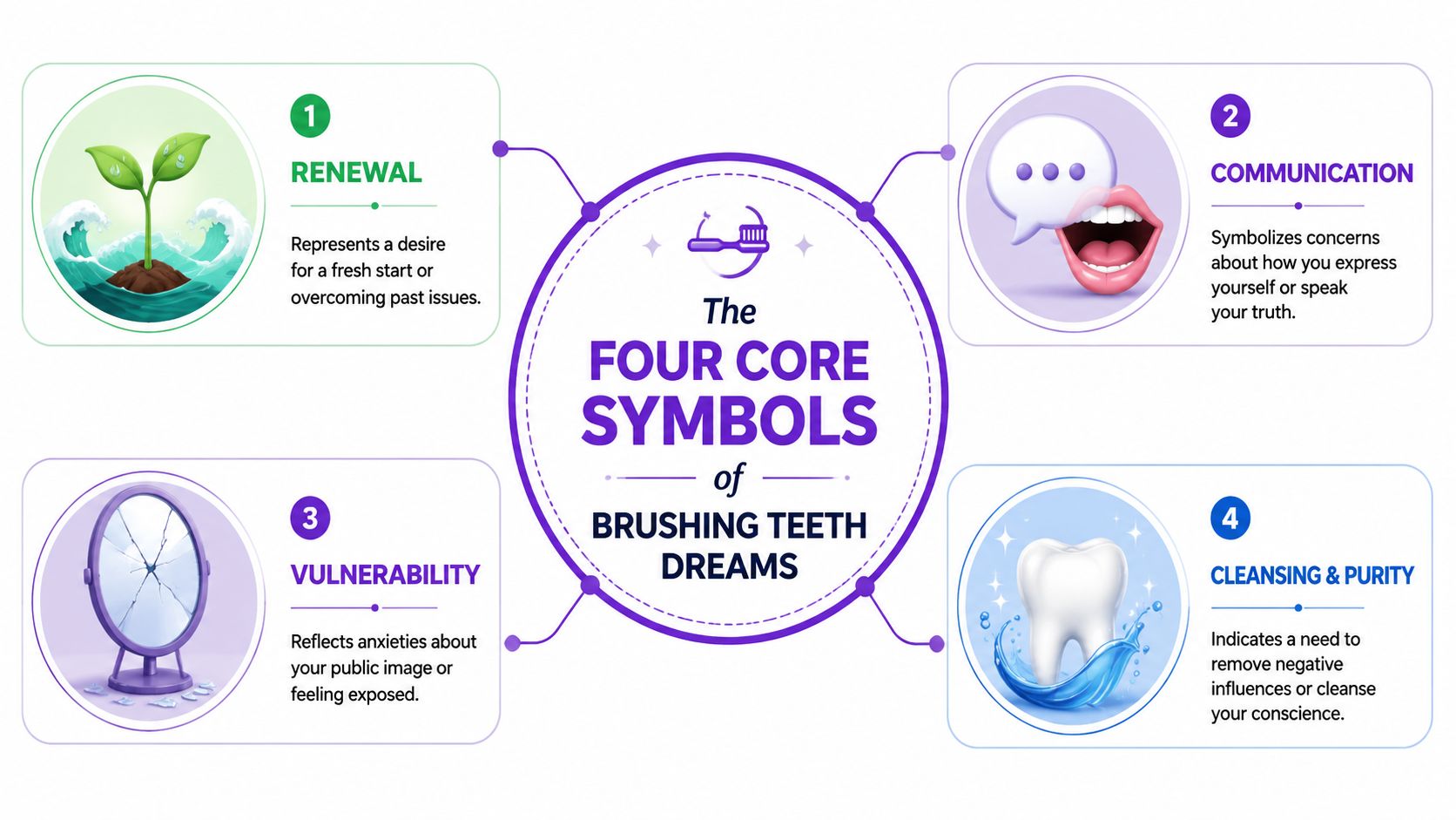 An infographic titled The Four Core Symbols of Brushing Teeth Dreams illustrating themes of renewal, communication, vulnerability, and cleansing.