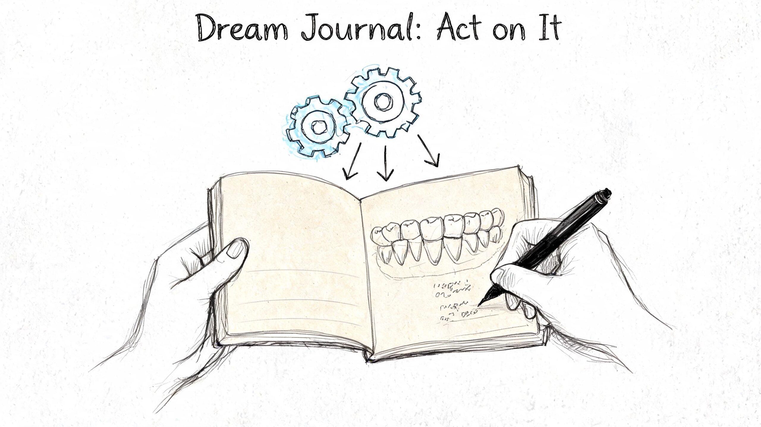 A hand-drawn illustration showing a person writing in a dream journal about teeth in their sleep.