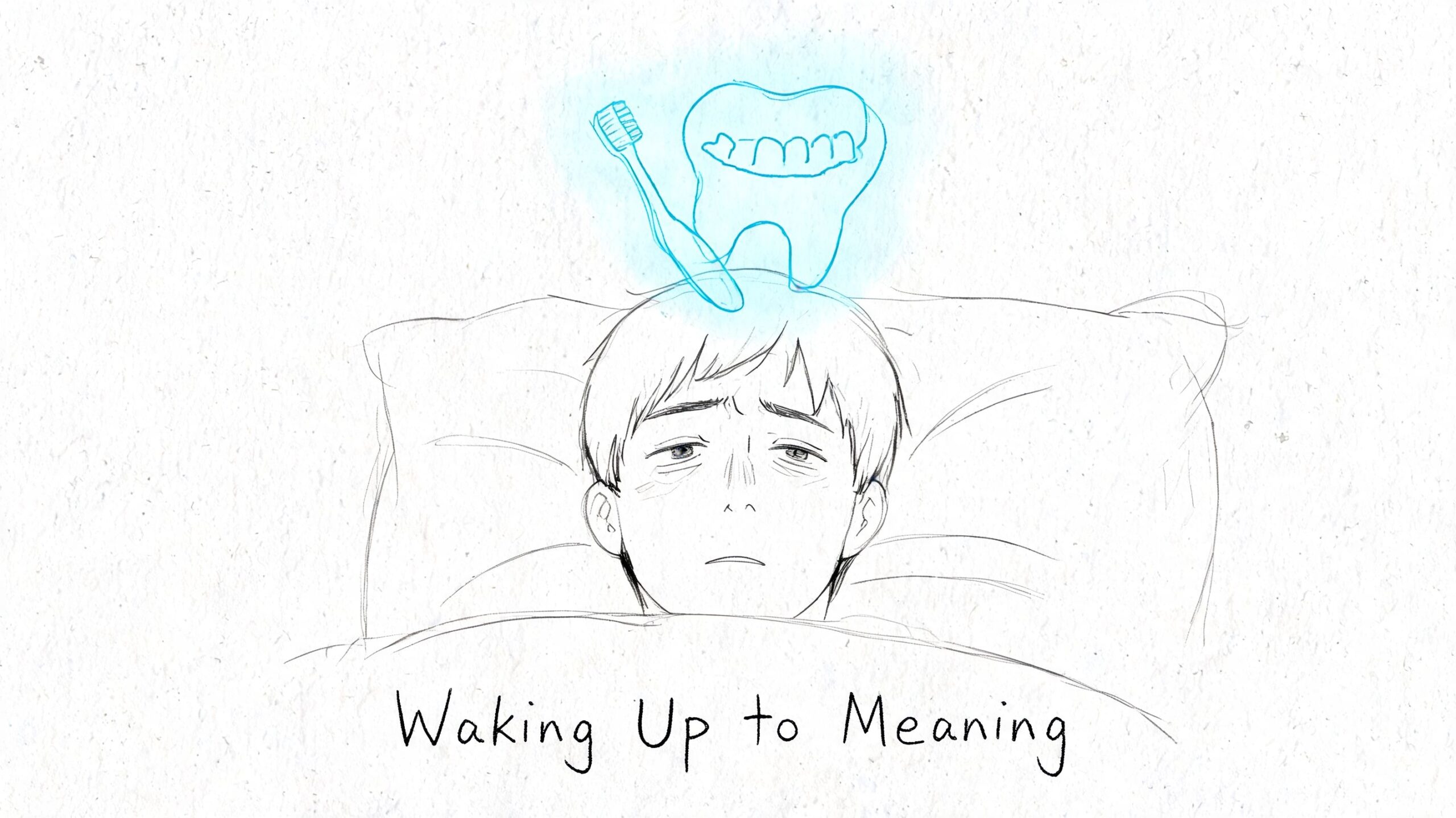 A tired-looking person lying in bed with a glowing dream bubble above their head featuring a toothbrush and tooth.
