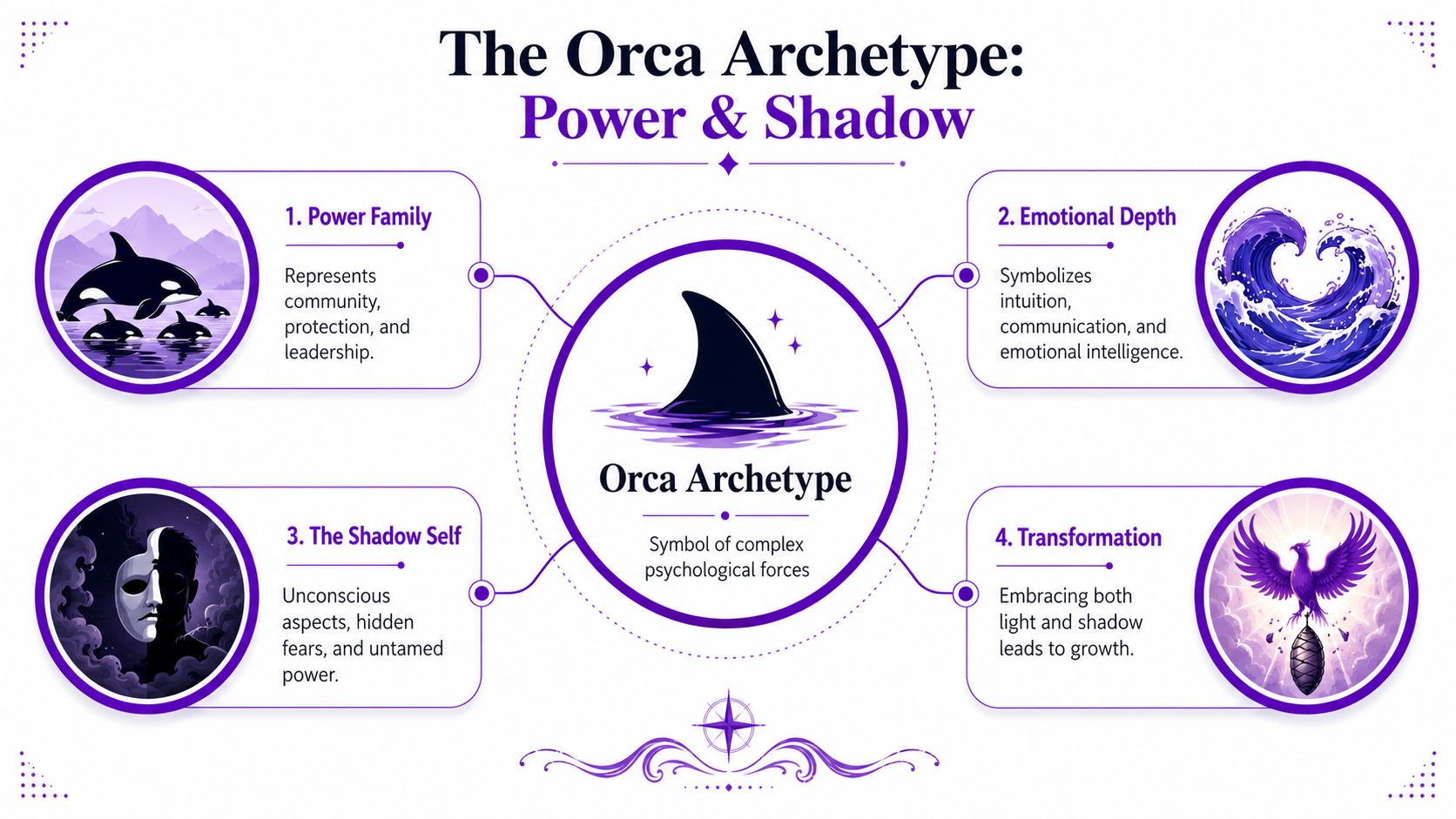 A diagram illustrating the Orca archetype, categorized into four key psychological themes of power, emotion, shadow, and transformation.
