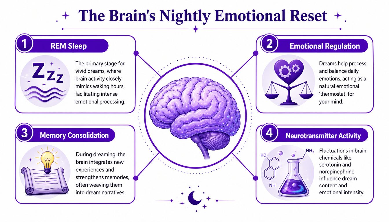 An infographic titled The Brain's Nightly Emotional Reset explaining the biological and psychological benefits of dreaming during sleep.
