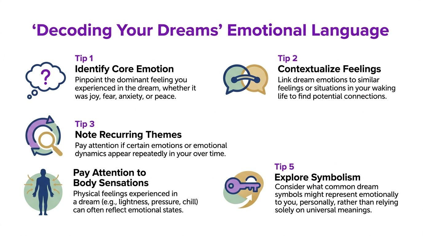 An infographic titled Decoding Your Dreams Emotional Language providing five numbered tips for analyzing dream feelings.