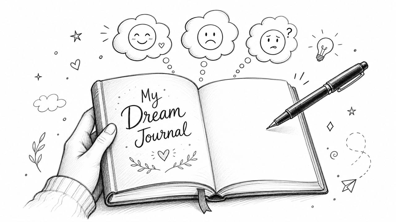 A hand holding an open dream journal featuring sketch drawings of emojis and a pen.