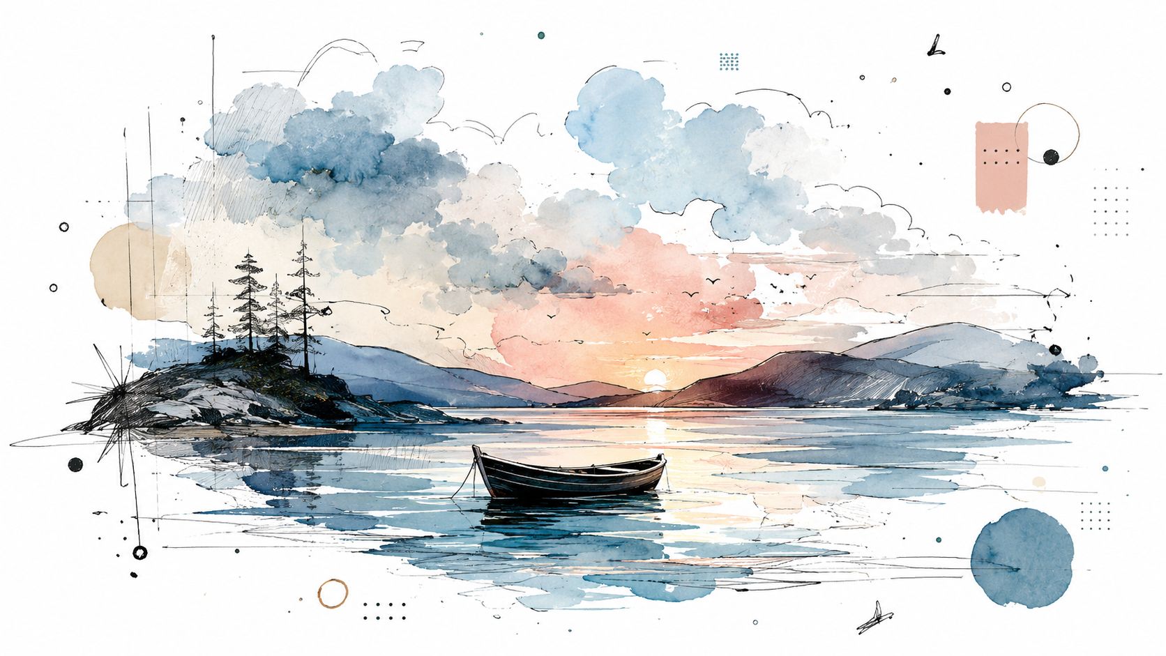 A minimalist watercolor illustration featuring a small boat floating on calm water at sunset by mountains.