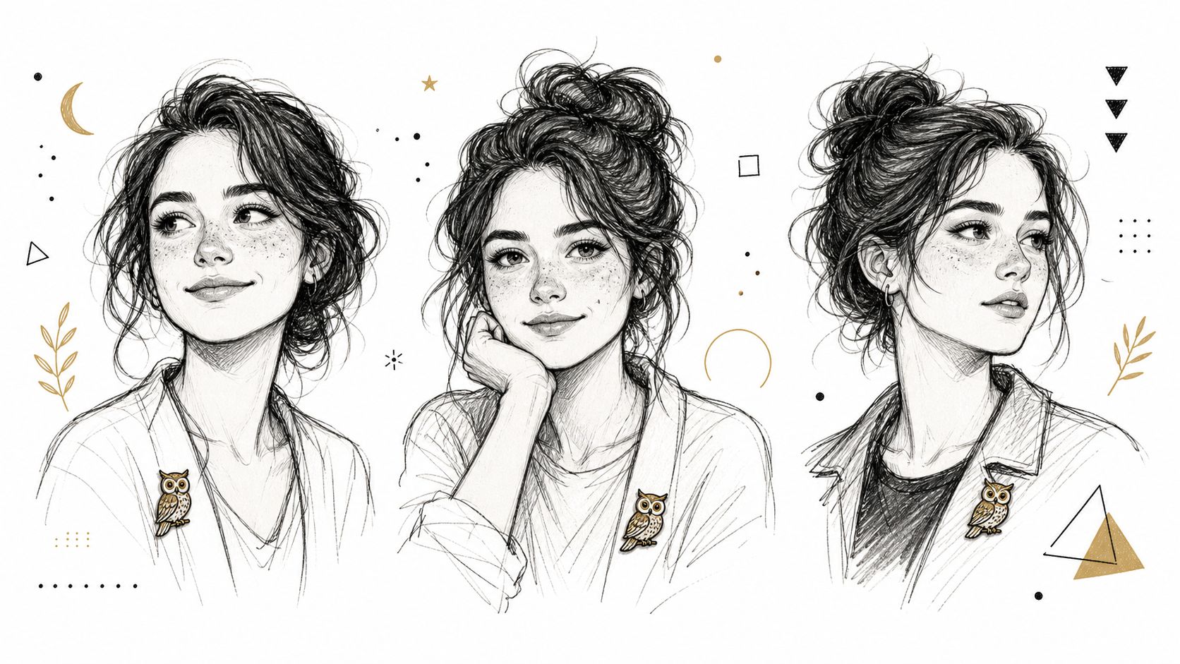 A pencil sketch of three women with freckles wearing owl brooches against a white background with geometric decorations.