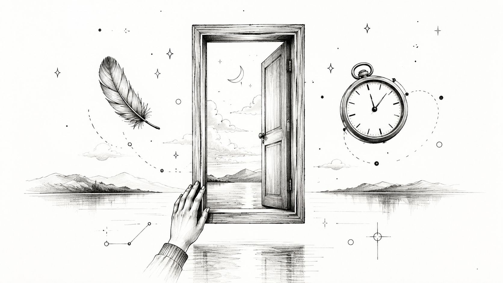 A hand reaching toward an open door floating above water with a feather and a clock nearby.