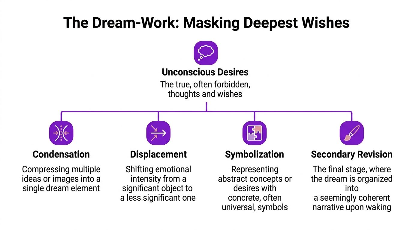 A diagram illustrating the four psychological processes of Freudian dream-work that mask unconscious desires.
