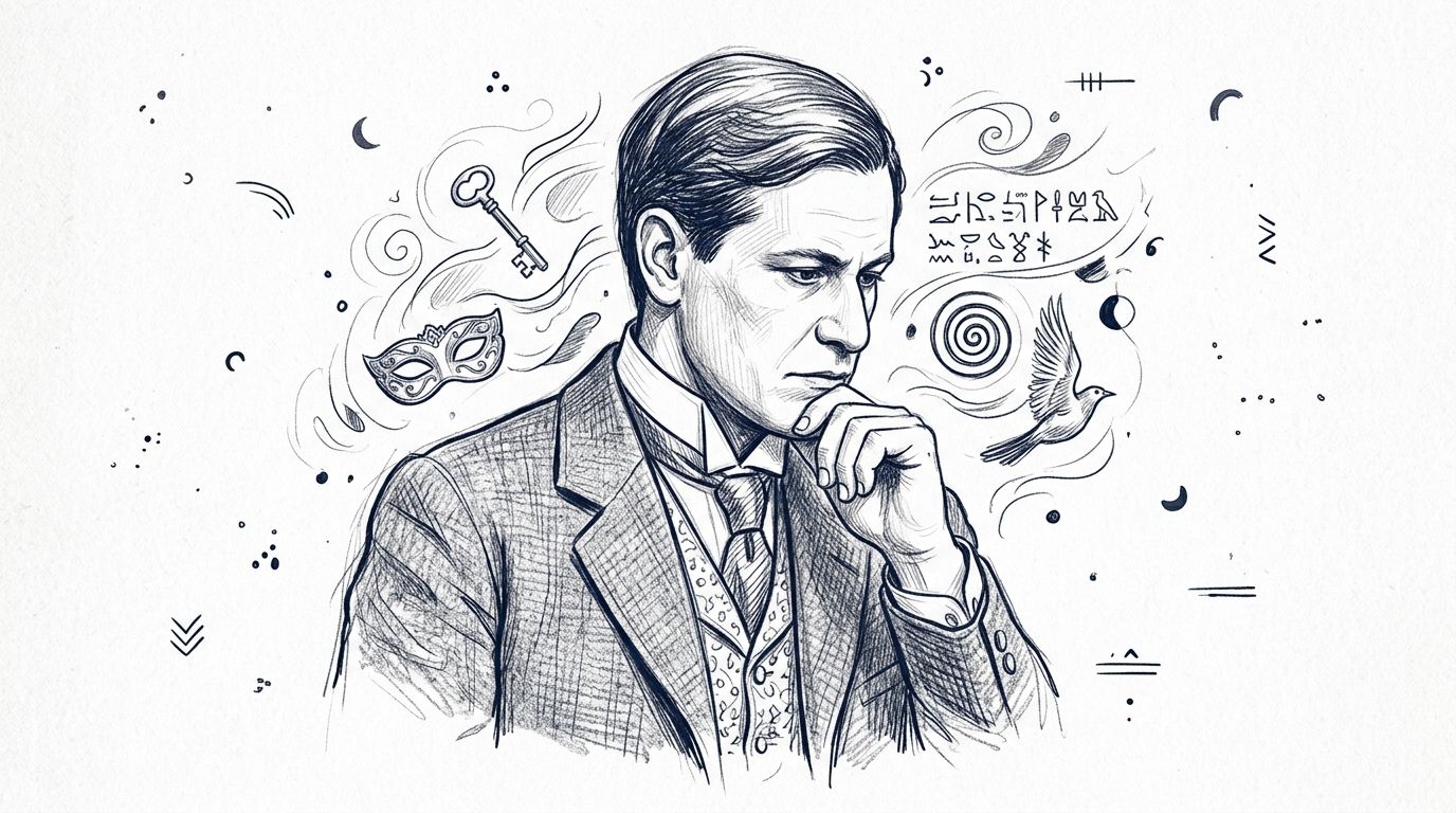 A detailed charcoal-style sketch of Sigmund Freud surrounded by surreal dream symbols including a mask and key.