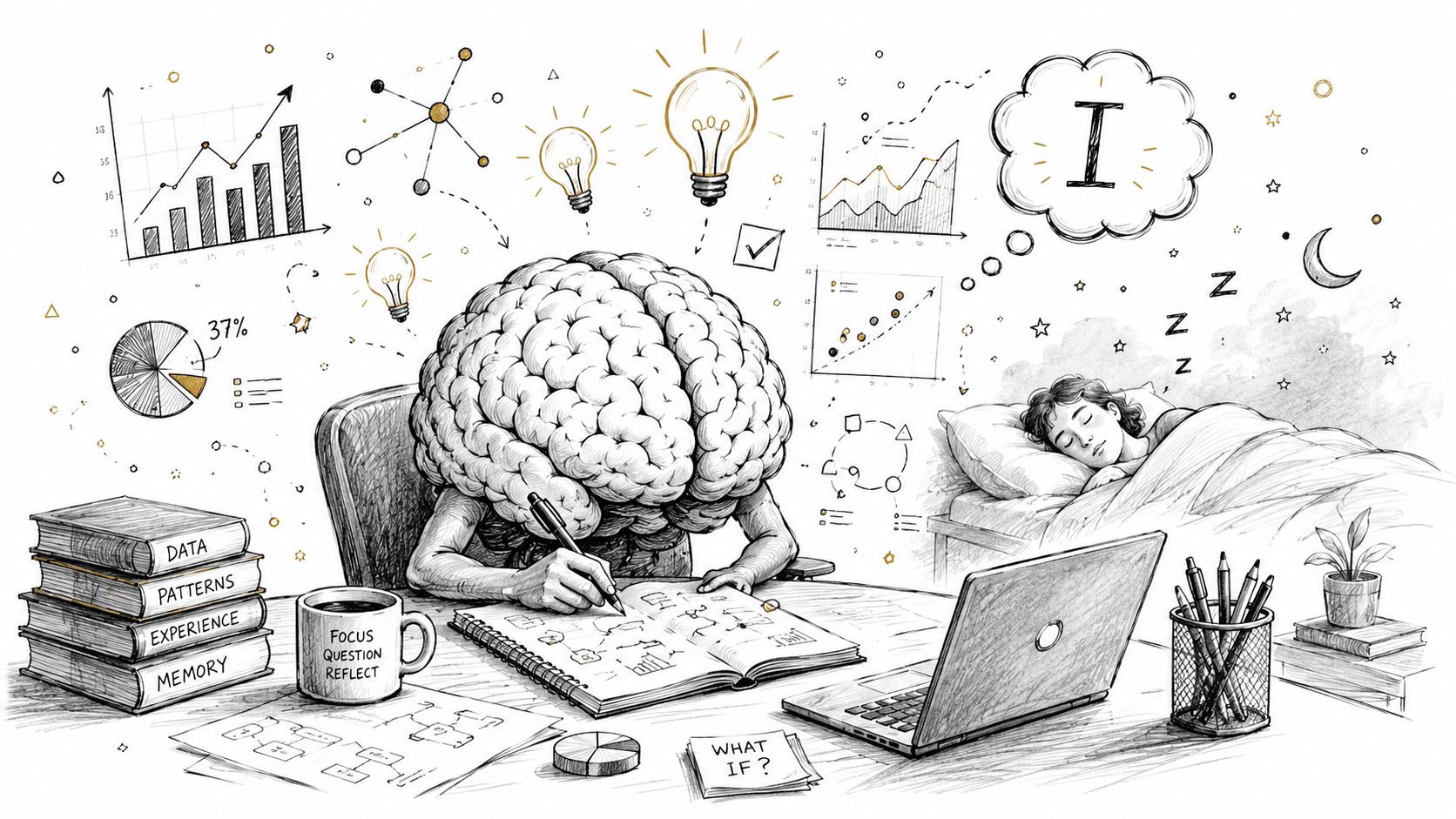 A creative illustration showing a brain-headed person working while dreaming about intuition, creativity, and data analysis.