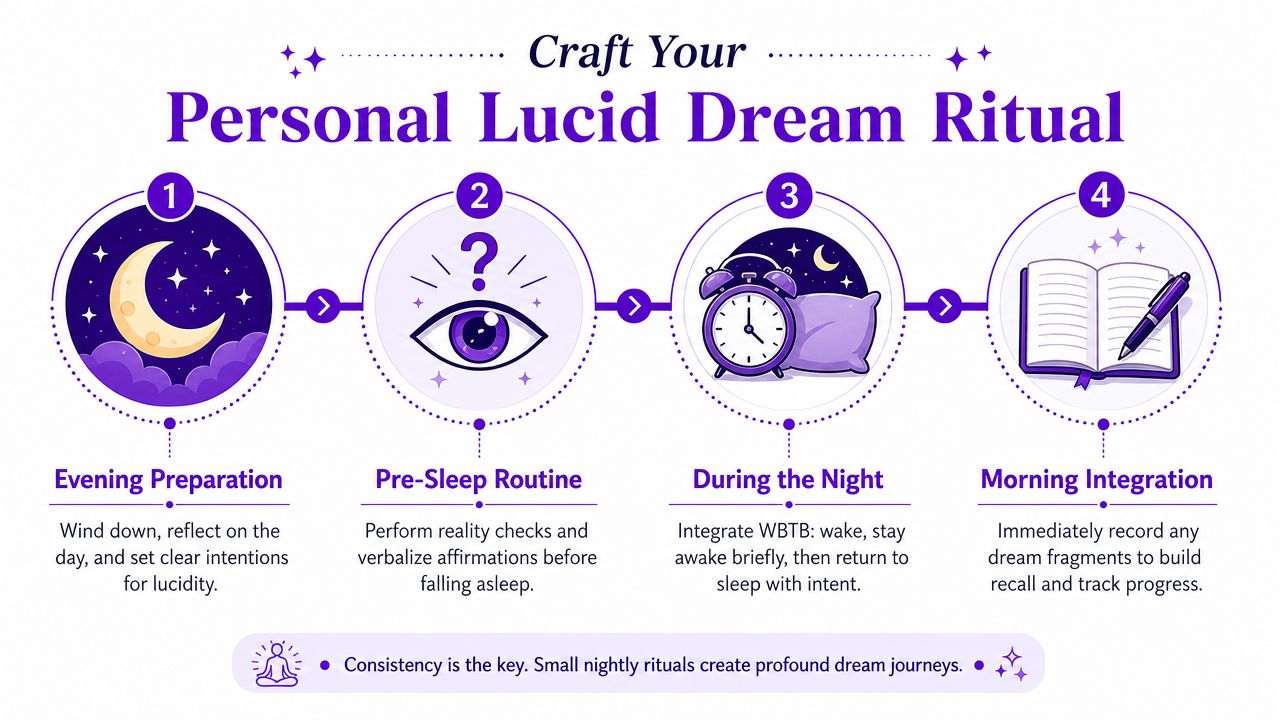 An infographic titled Craft Your Personal Lucid Dream Ritual outlining four steps for achieving lucid dreaming.