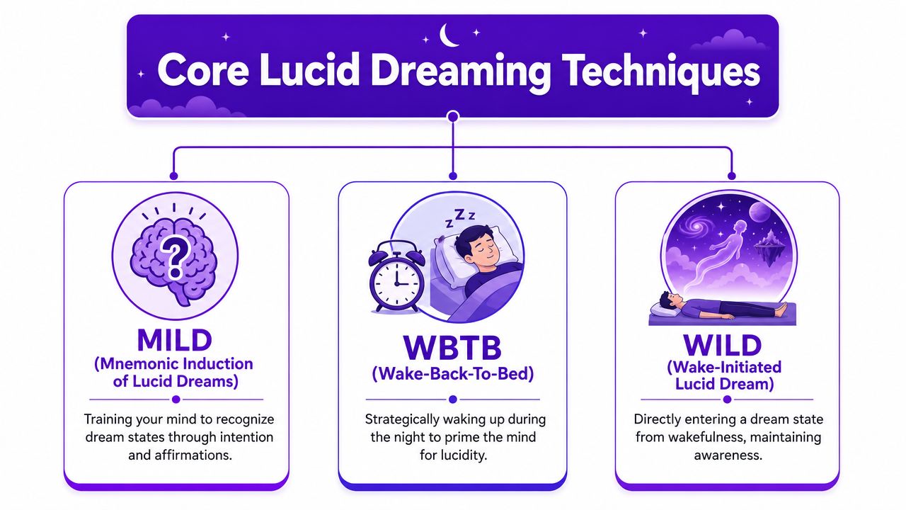 An infographic illustrating three core lucid dreaming techniques: MILD, WBTB, and WILD with brief explanations.