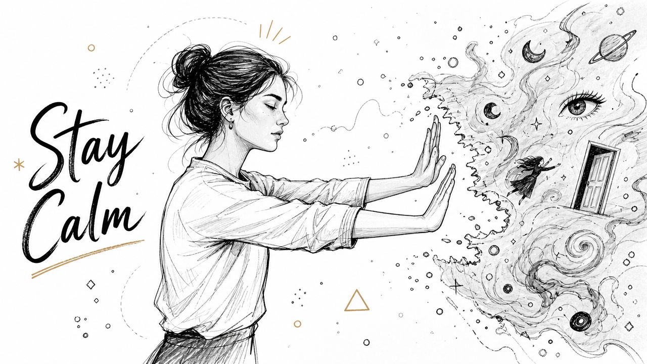 A pencil sketch of a woman pushing away chaotic, dreamlike imagery to maintain a calm state of mind.