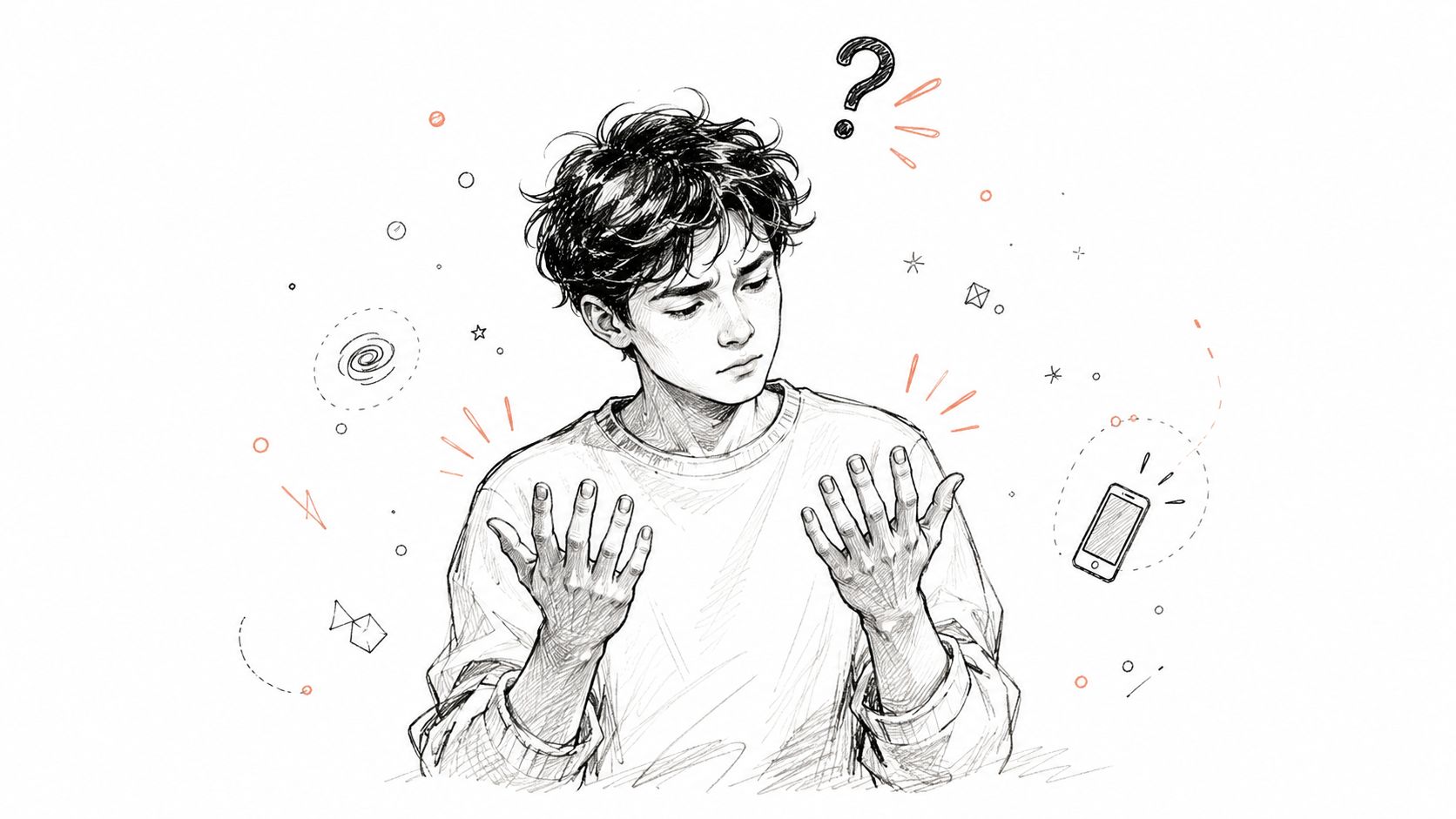 A pencil sketch of a young man looking puzzled at his hands with abstract floating icons