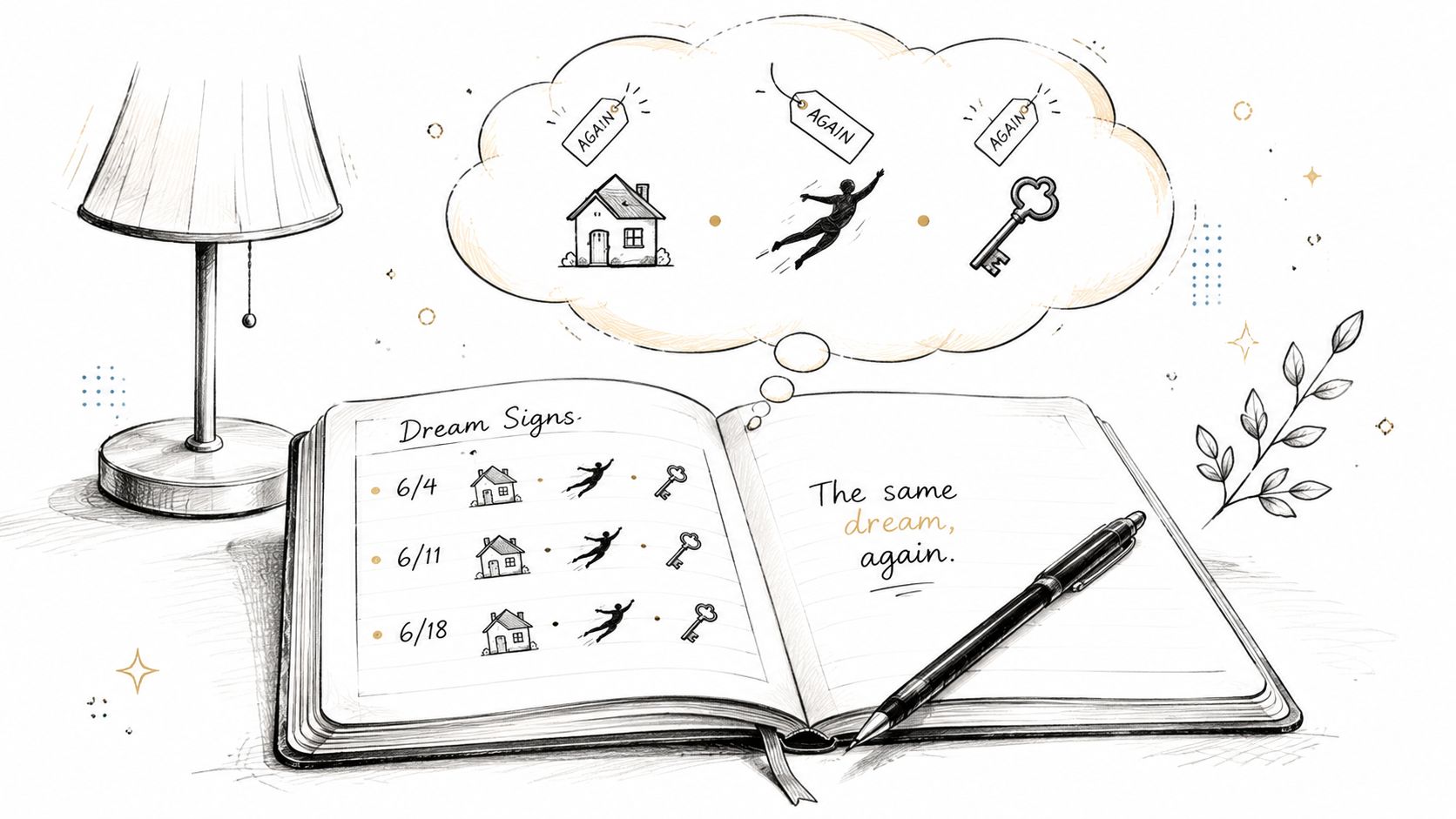 A hand-drawn open journal displaying dream signs with illustrations of a house, flying person, and key.