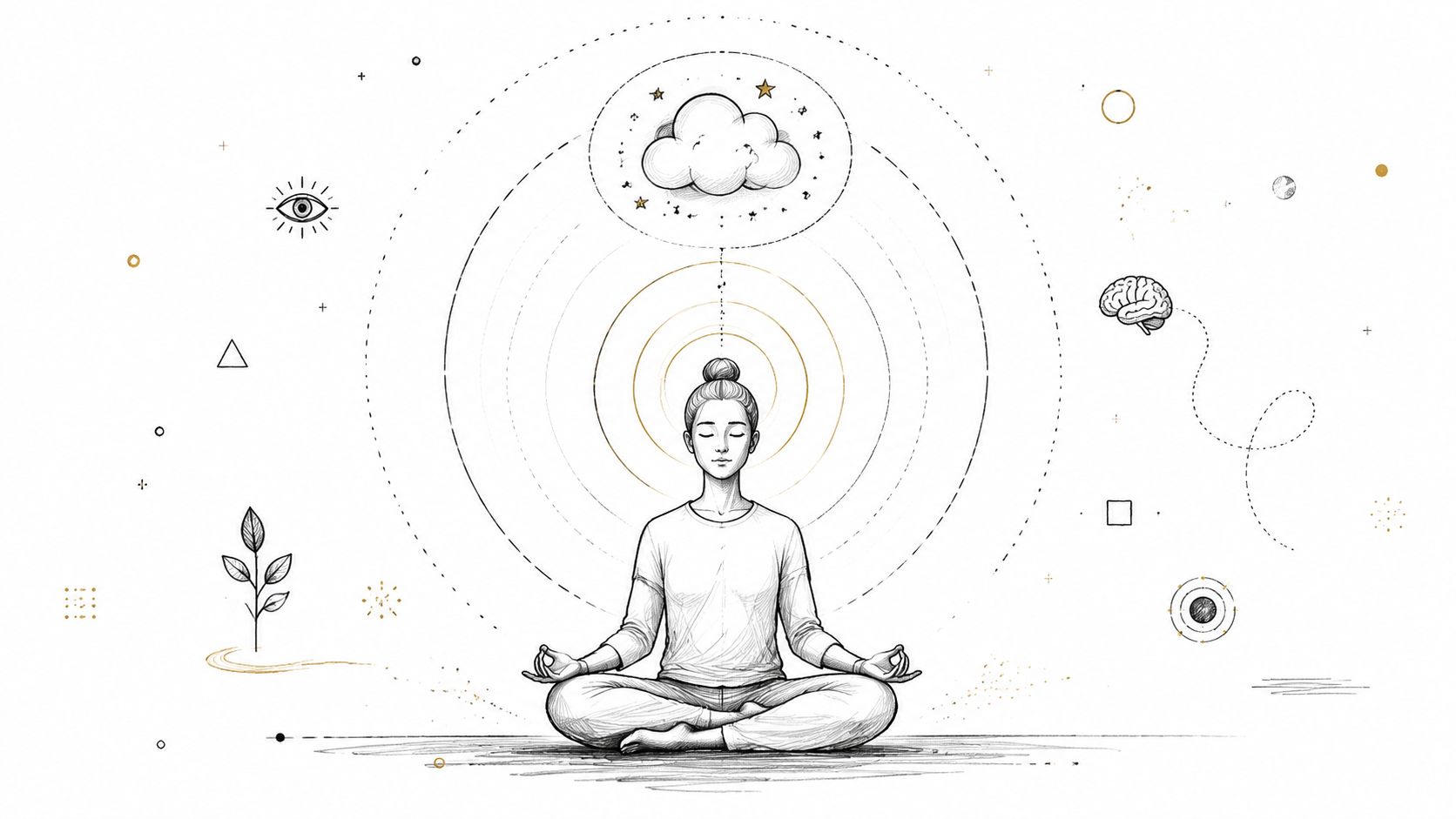 A meditative person in a lotus pose surrounded by minimalist line art elements representing mindfulness and consciousness.