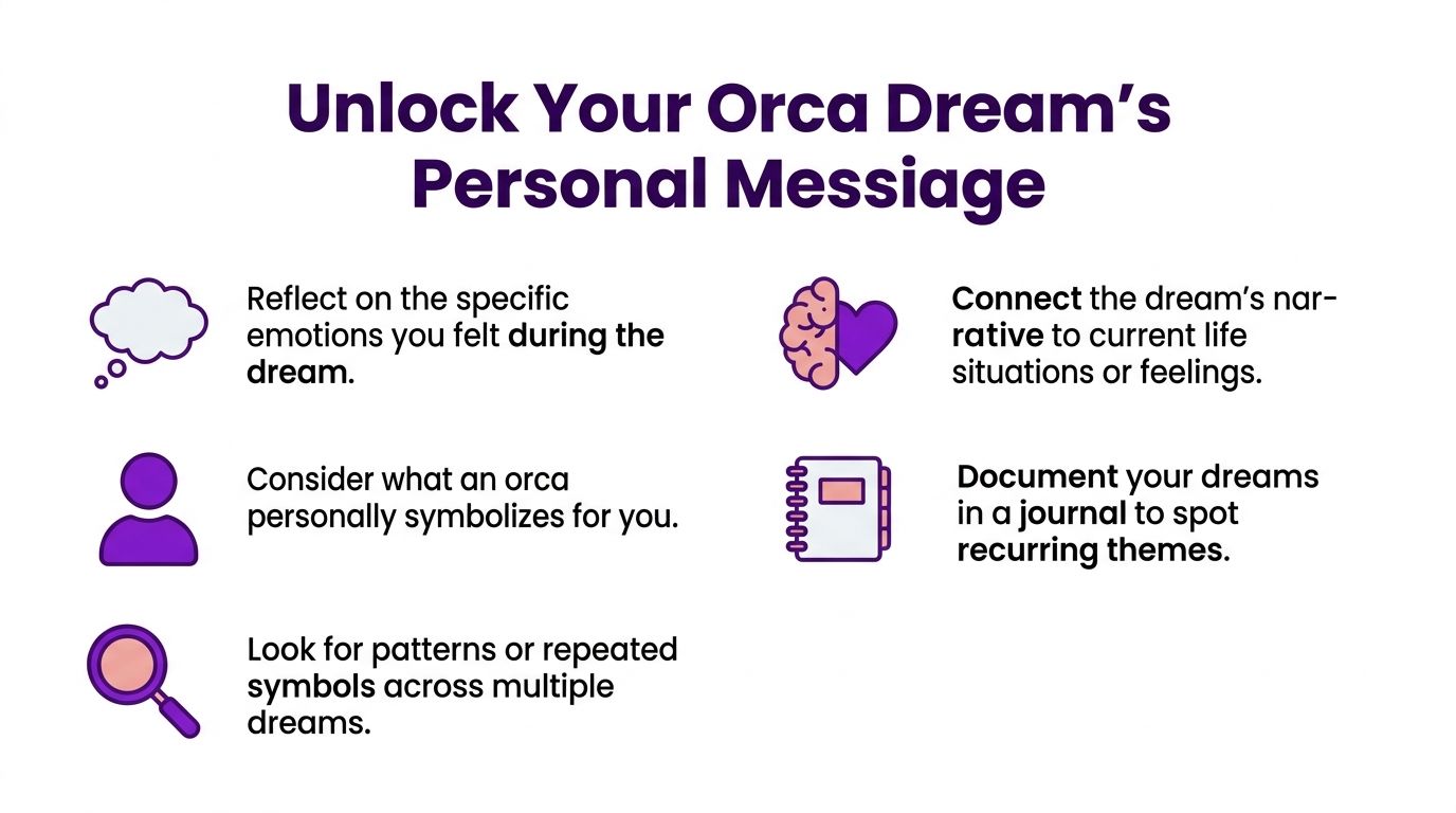 An infographic titled Unlock Your Orca Dream's Personal Message, listing five tips for interpreting orca dreams.