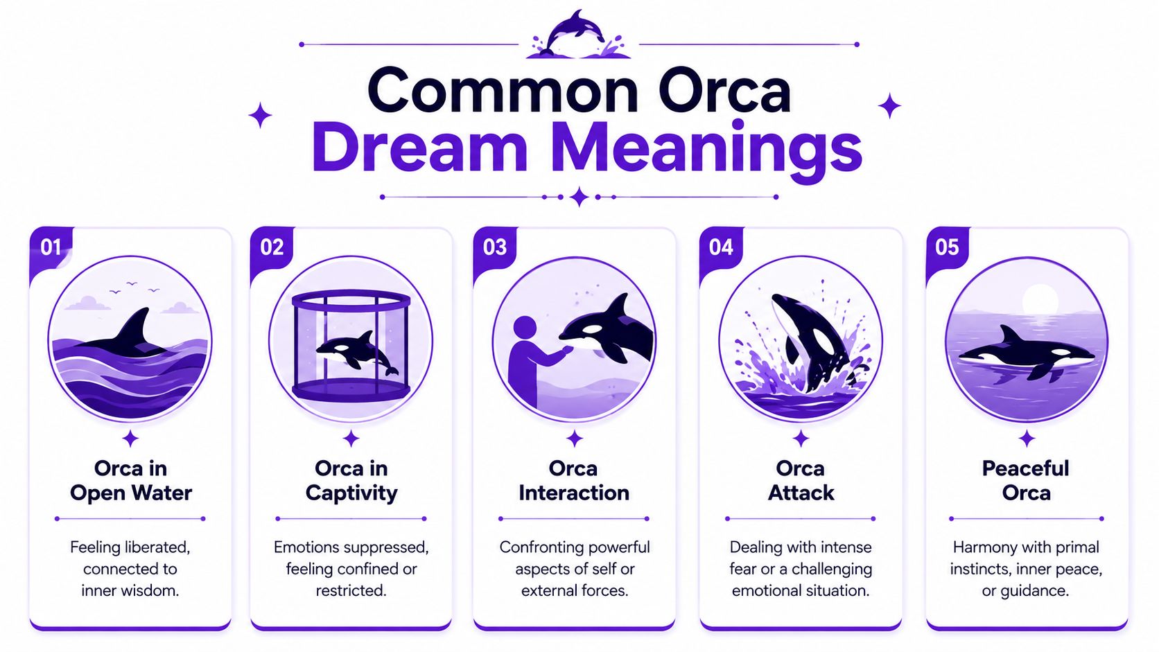 An infographic titled Common Orca Dream Meanings listing five different interpretations of killer whale dreams.
