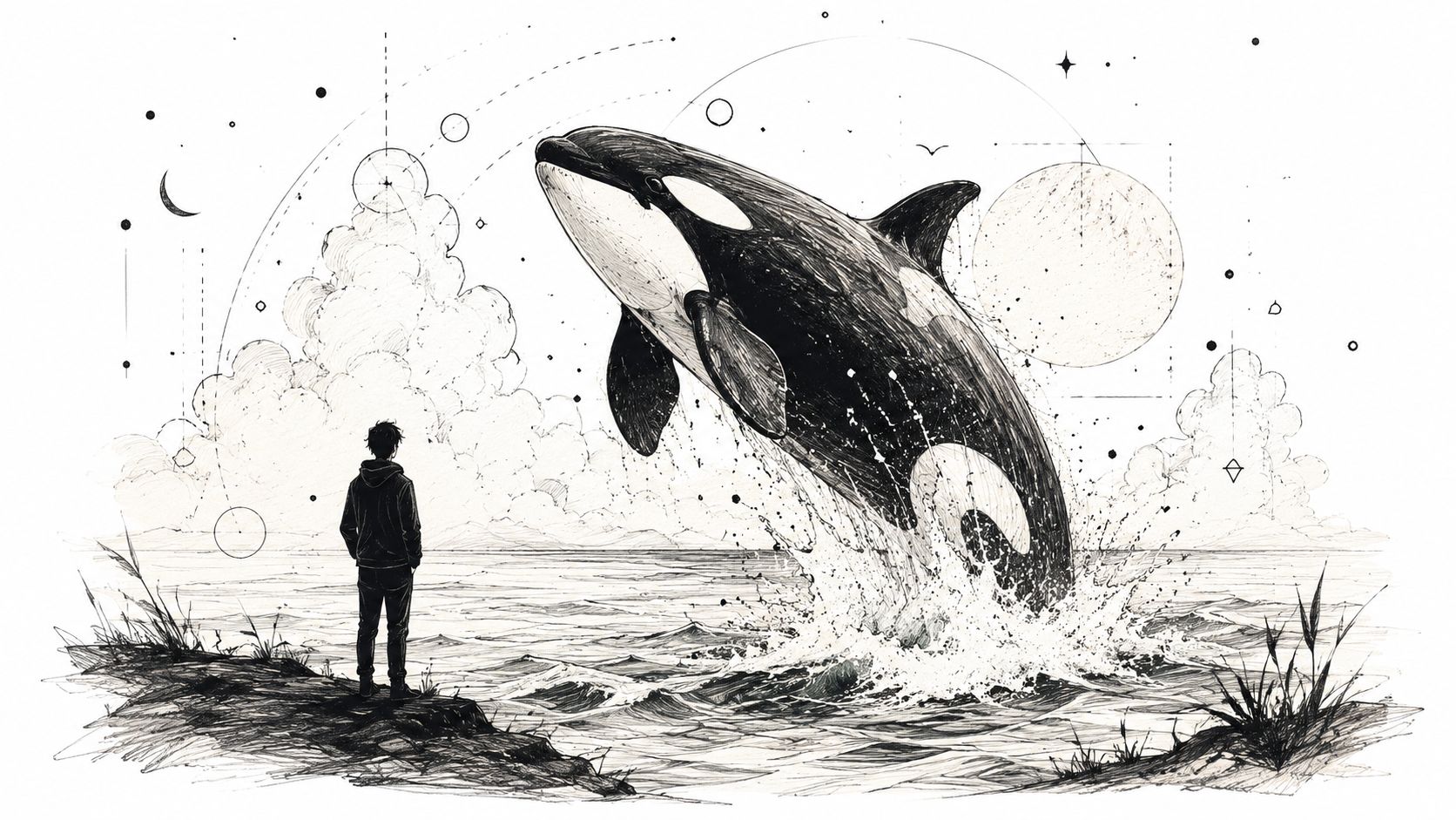 An artistic sketch of a person standing on a shore watching a giant killer whale leaping out of water.