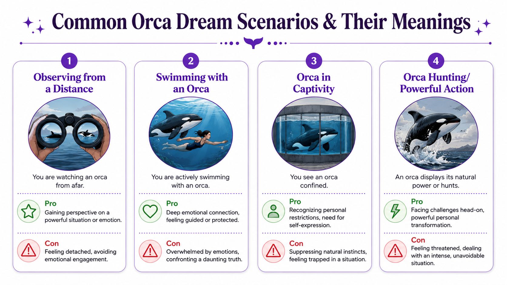 An infographic titled Common Orca Dream Scenarios and Their Meanings, displaying four distinct symbolic dream interpretations.