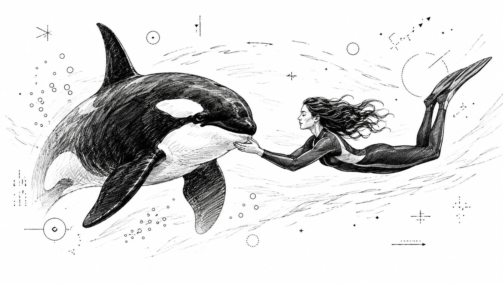 A black and white line drawing of a woman swimming underwater and gently touching a friendly orca whale.