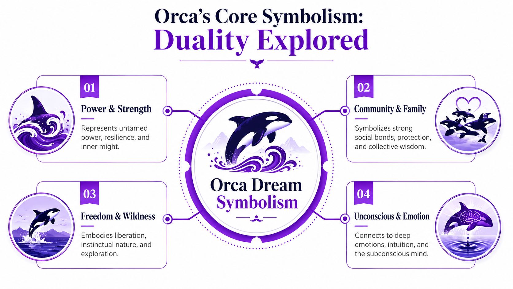 An infographic titled Orca Dream Symbolism detailing four core meanings: power, community, freedom, and emotional subconscious connections.