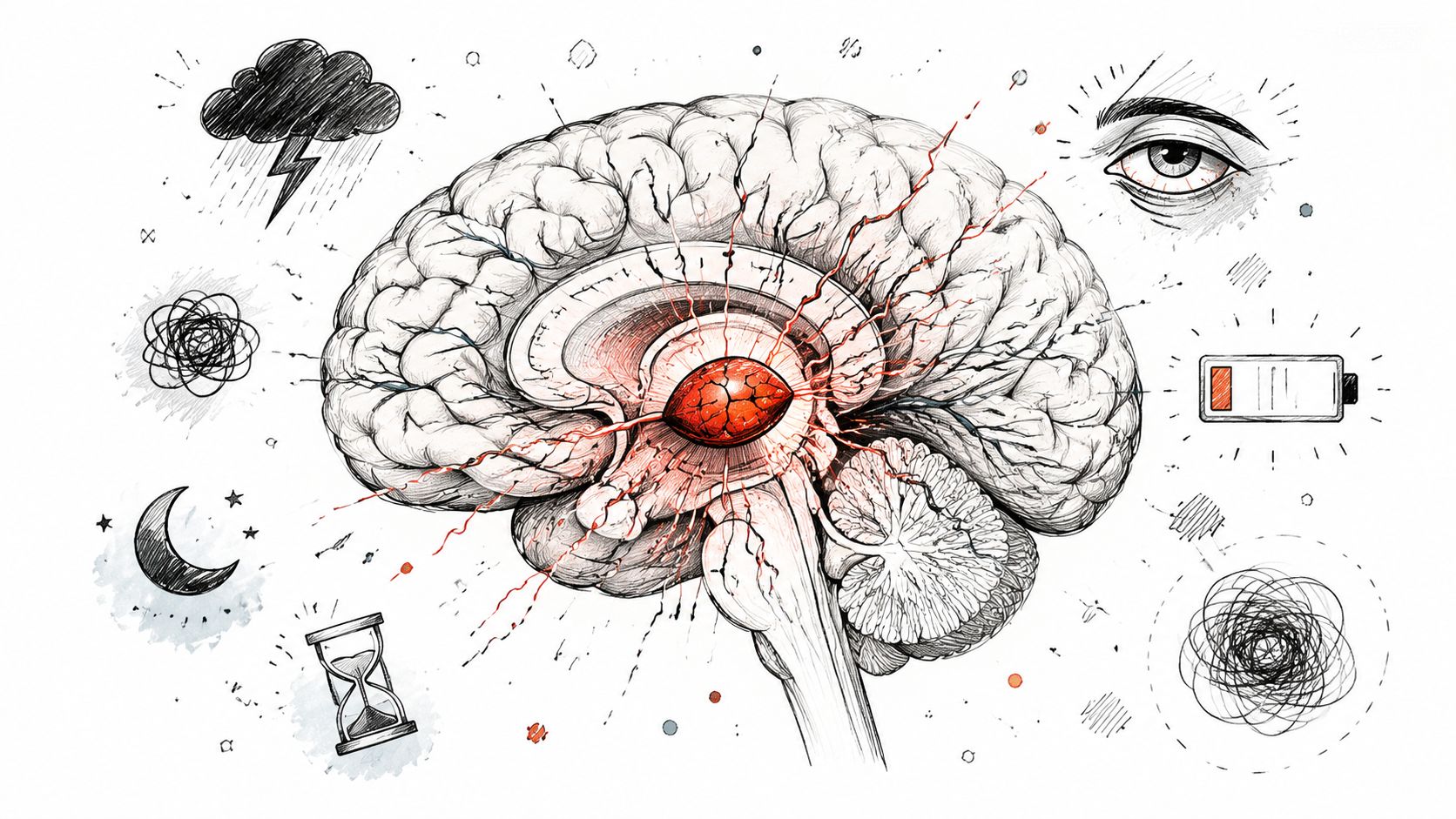 A pencil sketch of a human brain with highlighted red center, surrounded by fatigue and stress symbols.