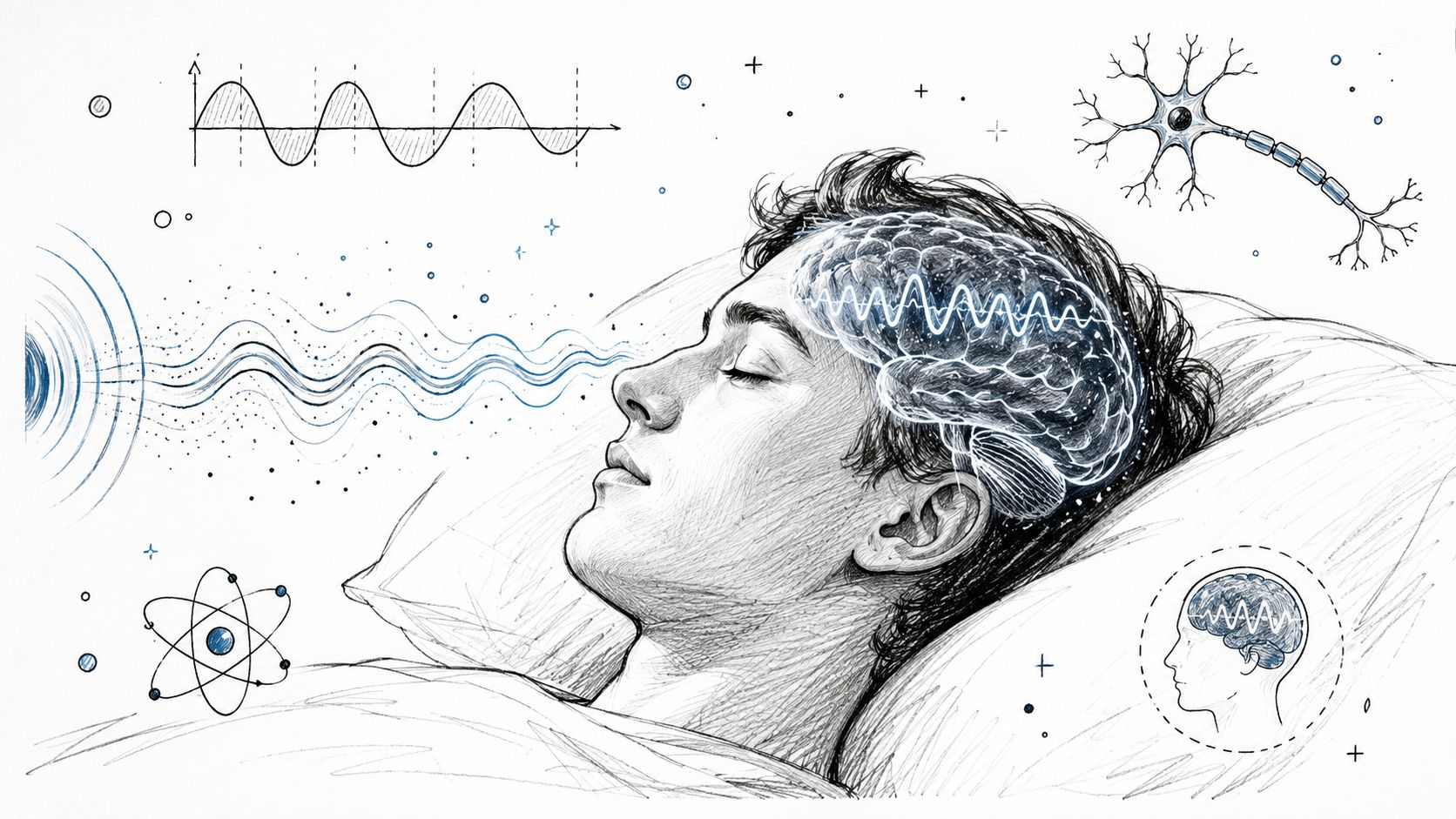 A pencil sketch of a person sleeping, depicting brain wave activity influenced by external sound frequencies.