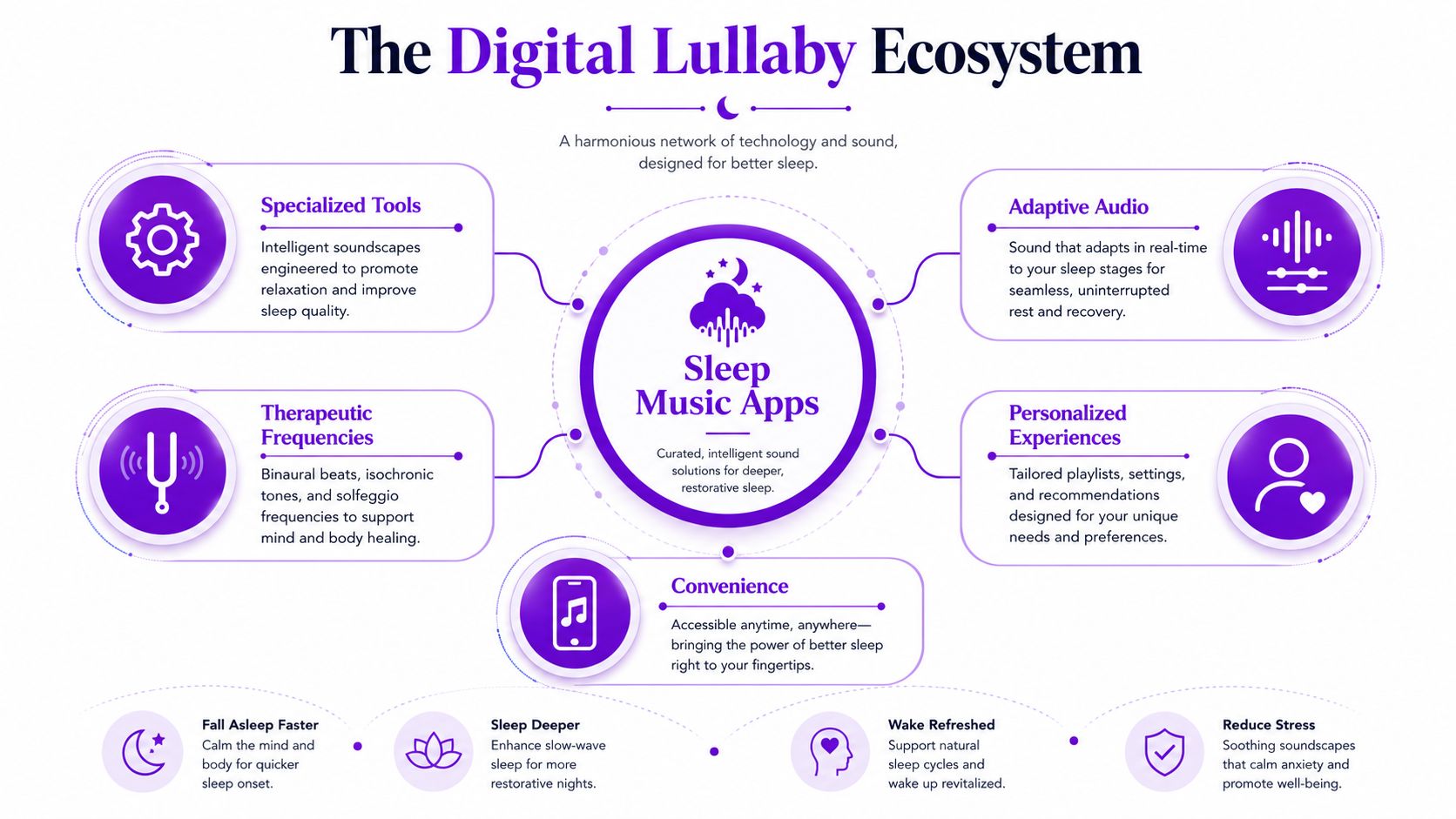 A flow chart illustrating the benefits and components of a digital lullaby ecosystem for sleep music apps.