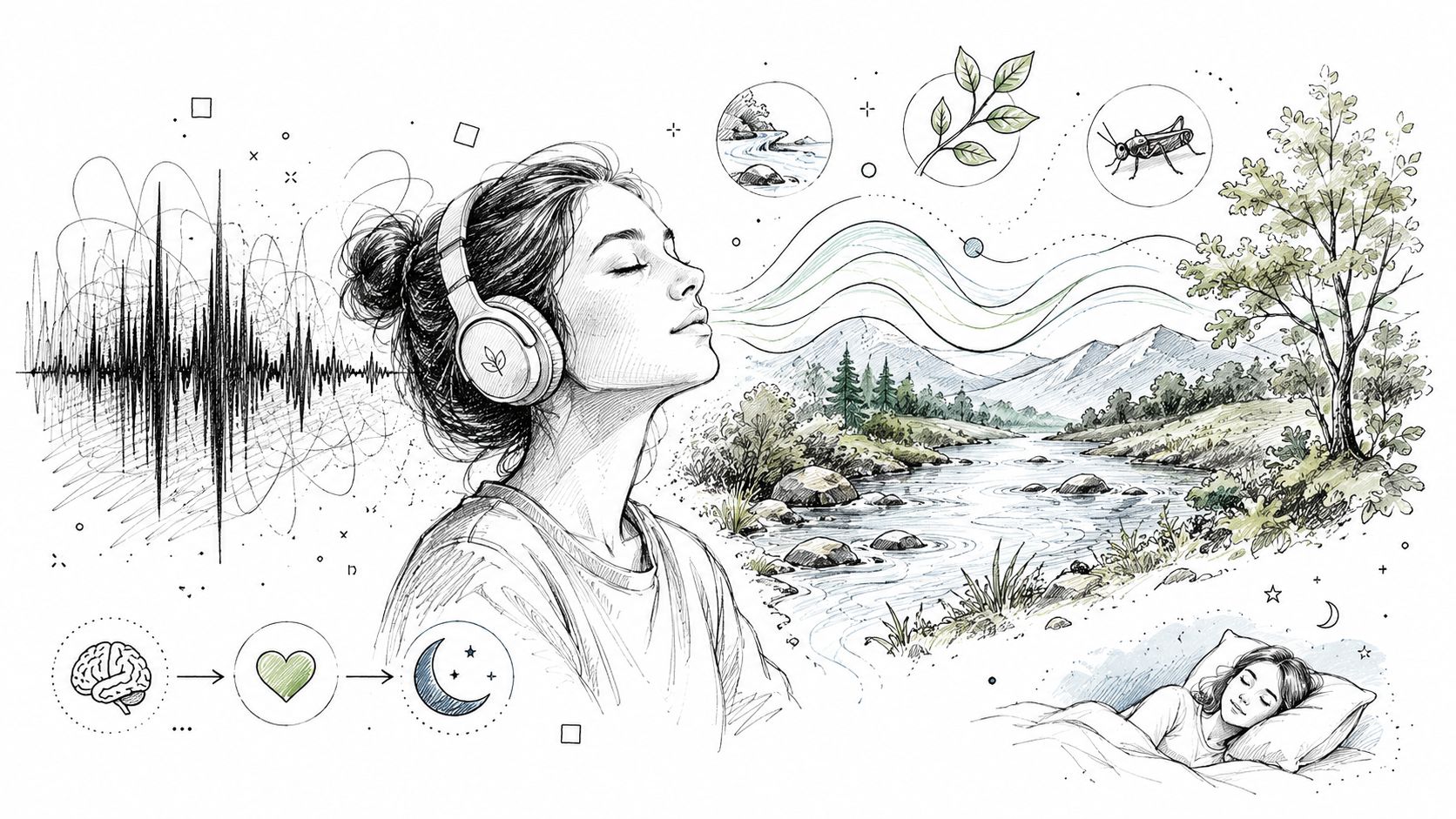 A woman wearing headphones relaxes while imagining nature scenes, connecting to improved sleep and mental tranquility.