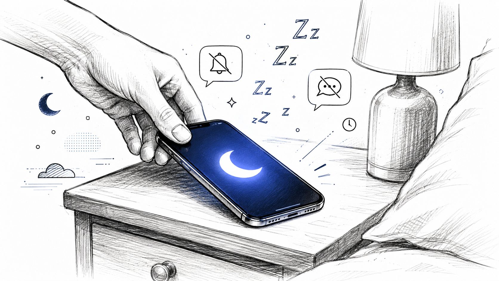A hand placing a smartphone with a moon icon on a bedside table with sleep mode notifications.