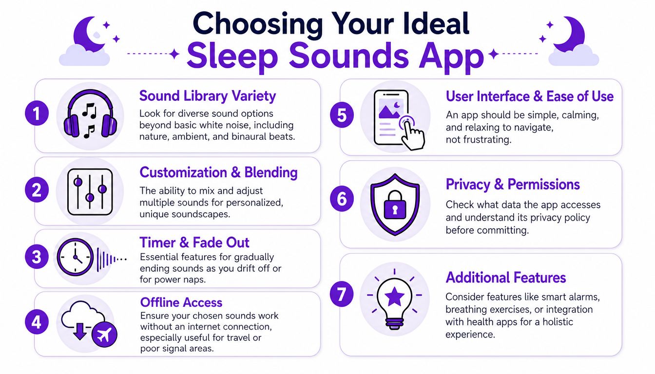 An infographic illustrating seven key features to consider when choosing an ideal sleep sounds mobile application.