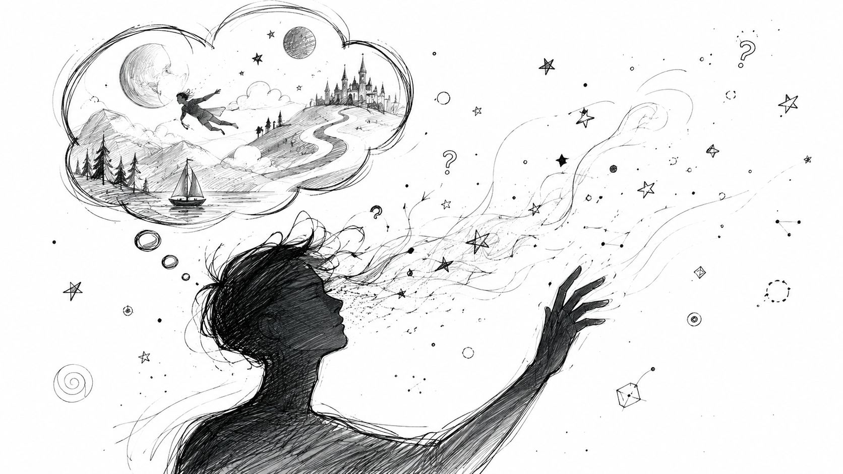 A charcoal drawing of a person dreaming, with a thought bubble showing a fantasy landscape with flying.