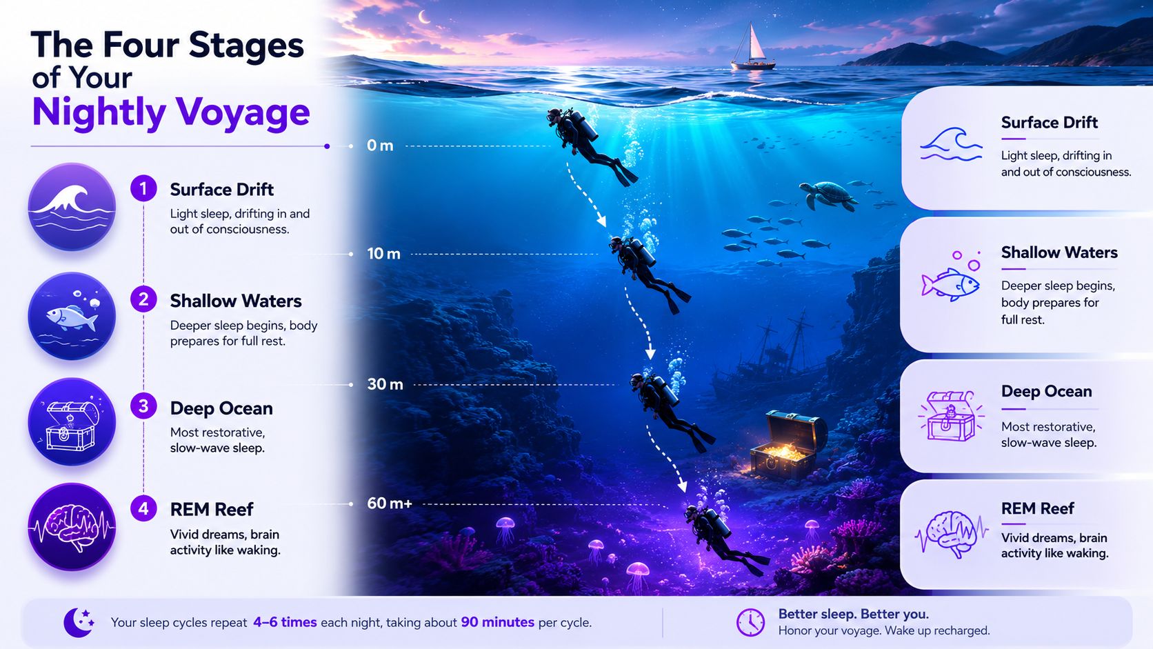 An infographic illustrating four stages of sleep using an underwater scuba diving theme with depth markers.
