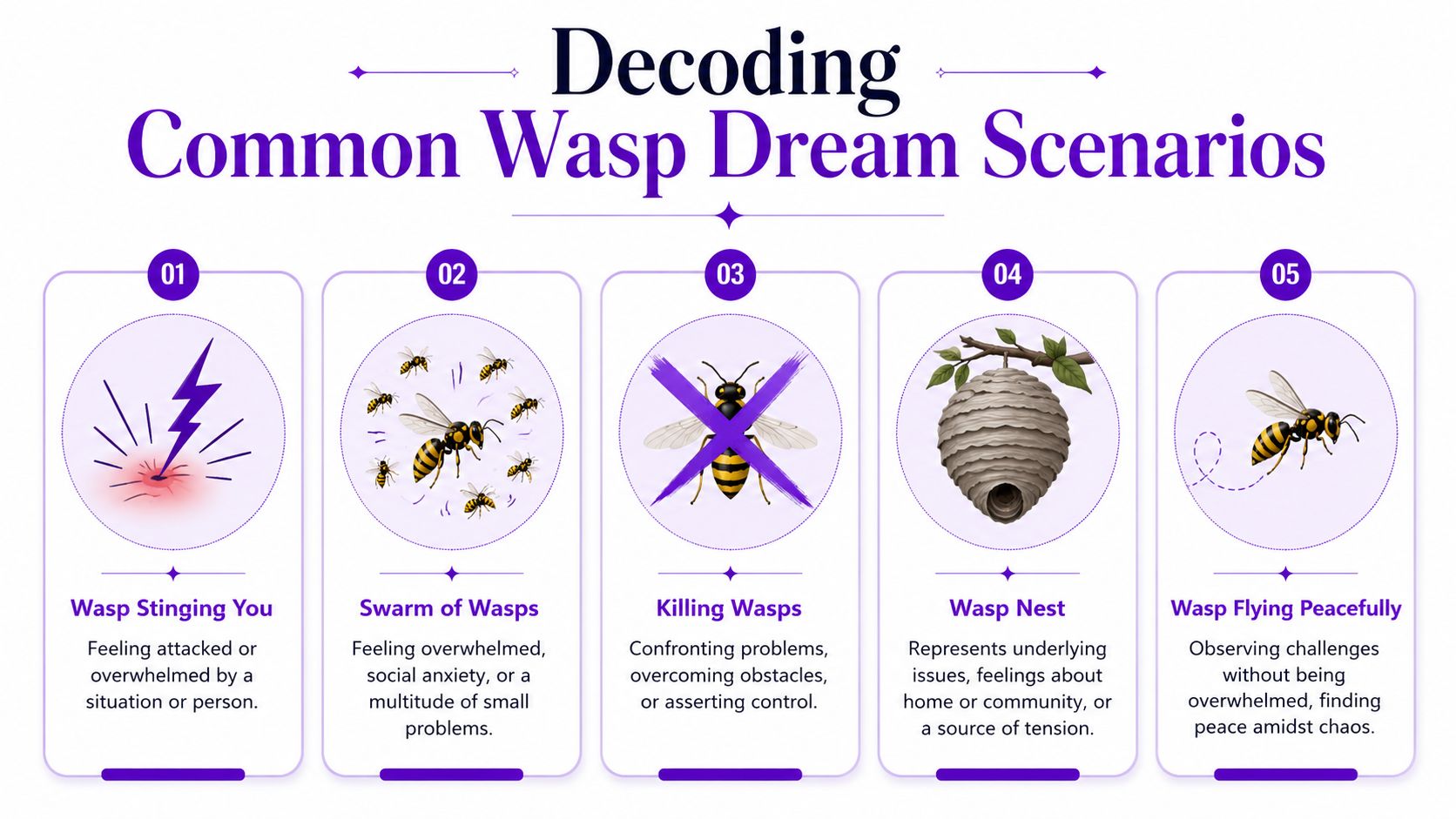 An infographic titled Decoding Common Wasp Dream Scenarios, illustrating five different dream meanings related to wasps.